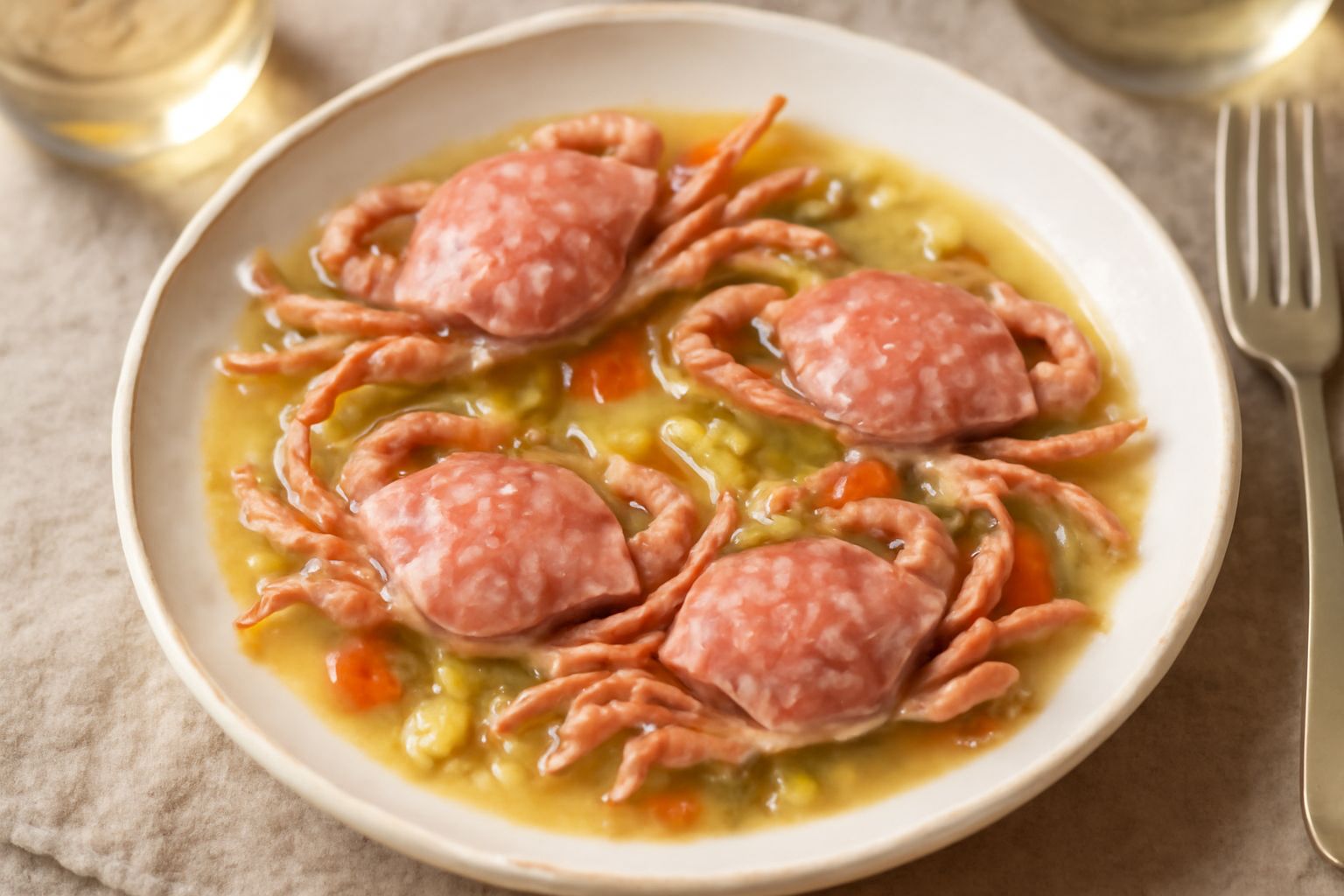 Moleche tenere e rosate in umido in una ciotola di ceramica bianca con sugo trasparente, cipolla affettata fine e prezzemolo fresco, accanto pane tostato