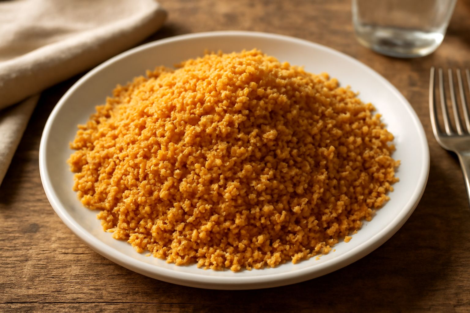 Mollica bresciana dorata e croccante in una ciotola di ceramica bianca, accanto a fette di pane tostato raffermo e un coltello da cucina su piano di lavoro in legno