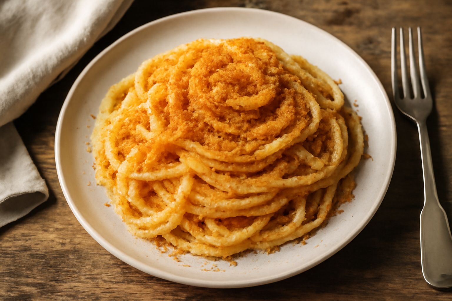 Pangrattato dorato in una ciotola di ceramica bianca, accanto a una fetta di pane secco tagliato a metà e a un grattugio in acciaio, su un tavolo di legno chiaro