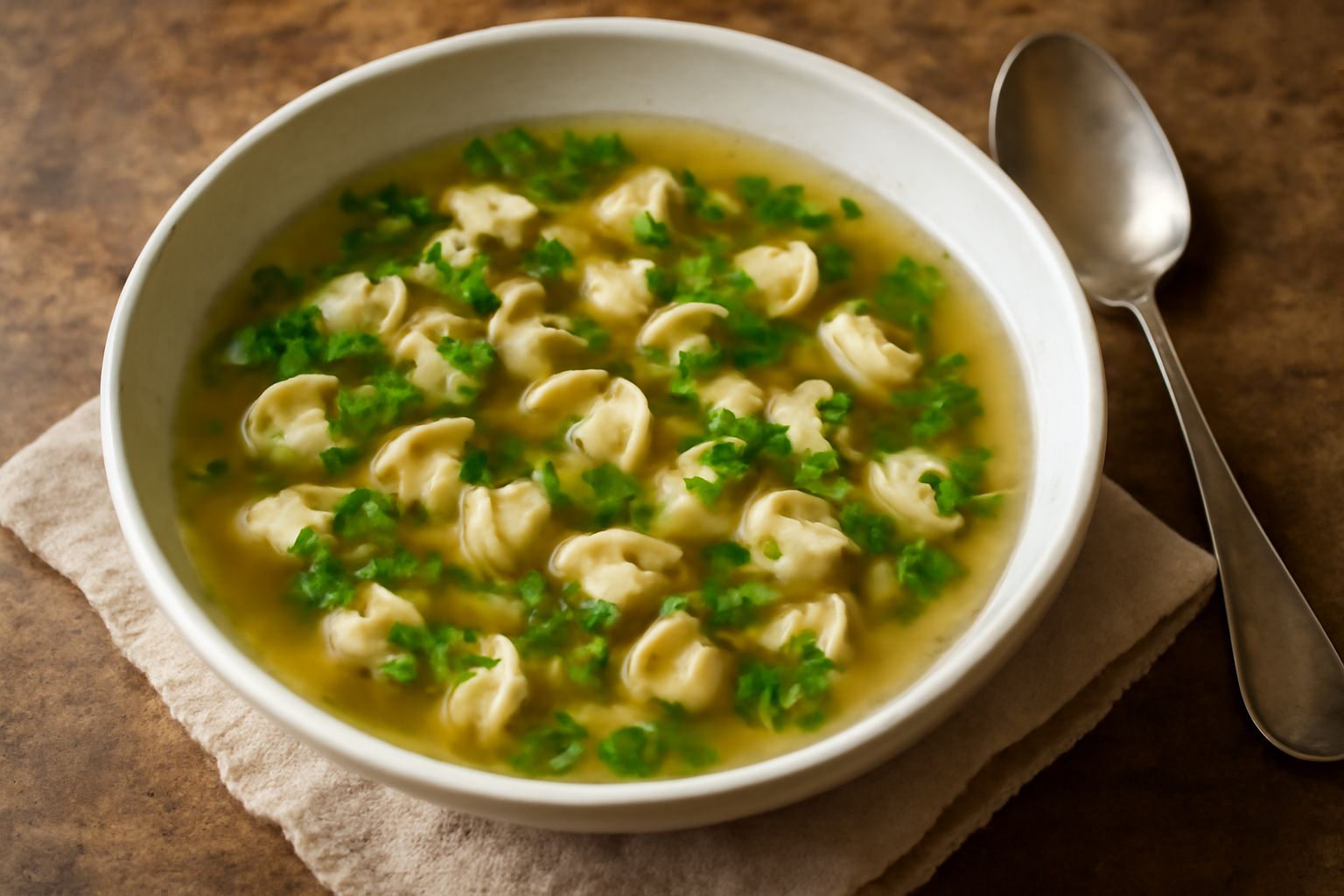 Brodo trasparente in ciotola di ceramica bianca con molluschi aperti di colore avorio, prezzemolo fresco e una macinata di pepe nero, vapore leggero dal brodo caldo