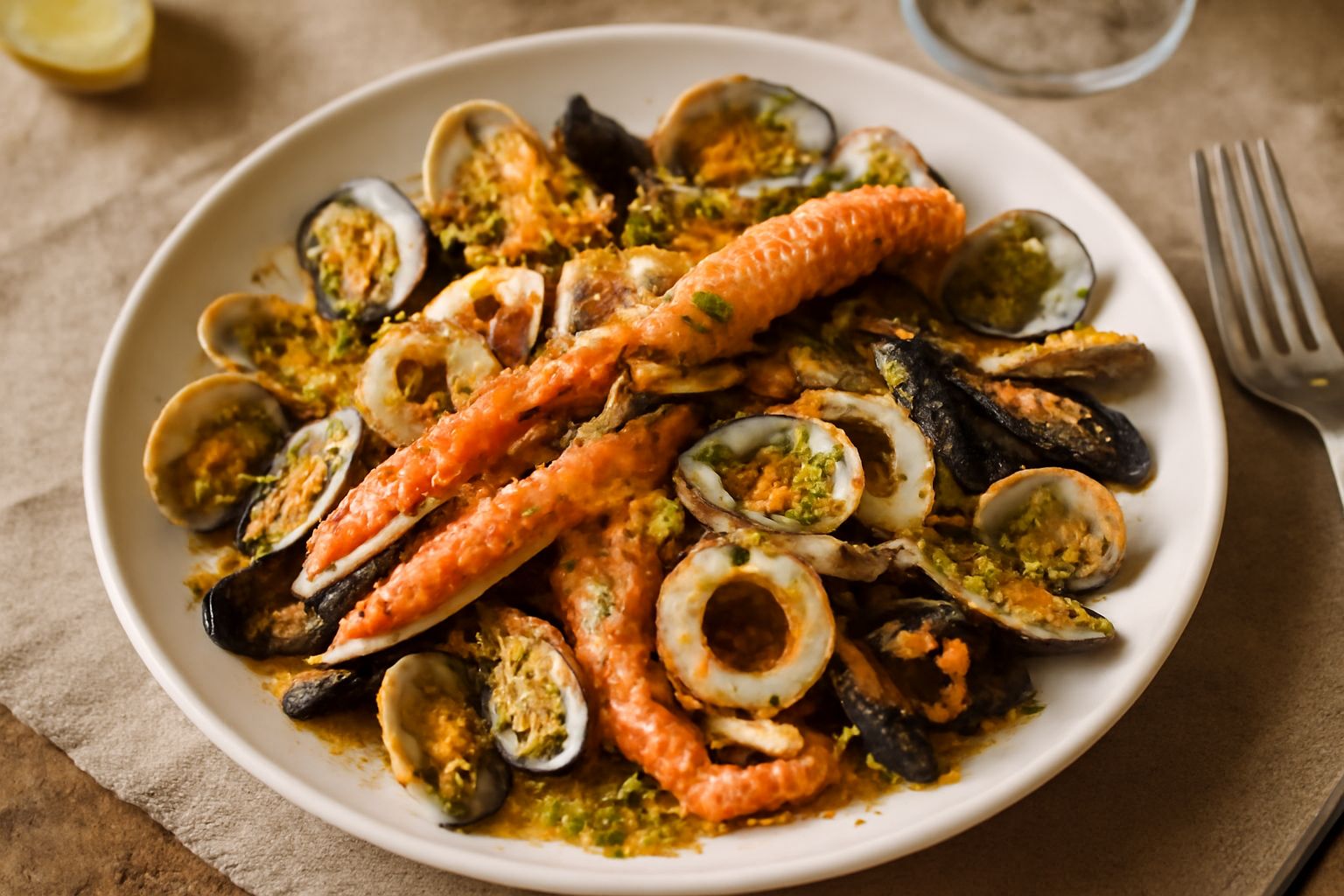 Piatto bianco con molluschi vari al forno: vongole veraci chiuse, cozze nere, calamari anellati e scampi, impiattati con olio profumato, fette di limone e prezzemolo fresco sulla superficie