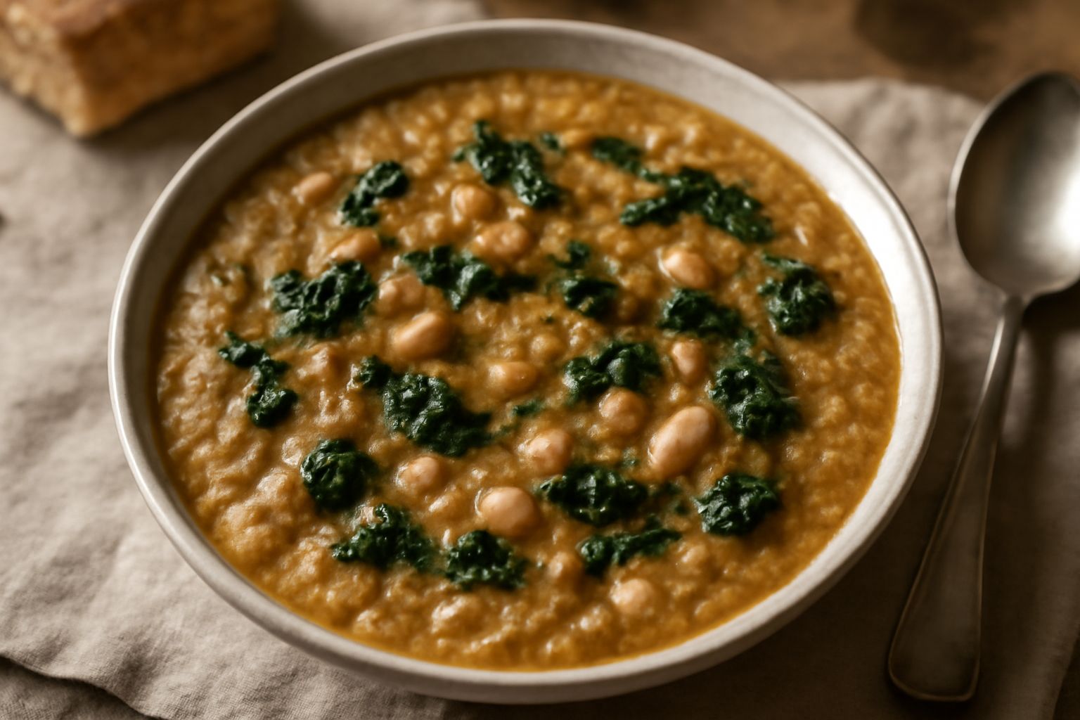 Una ciotola di mondaie: zuppa cremosa color marrone-verde con pezzetti di cavolo nero, pane sbriciolato, fagioli visibili, filo d'olio di oliva sulla superficie, pane tostato a lato