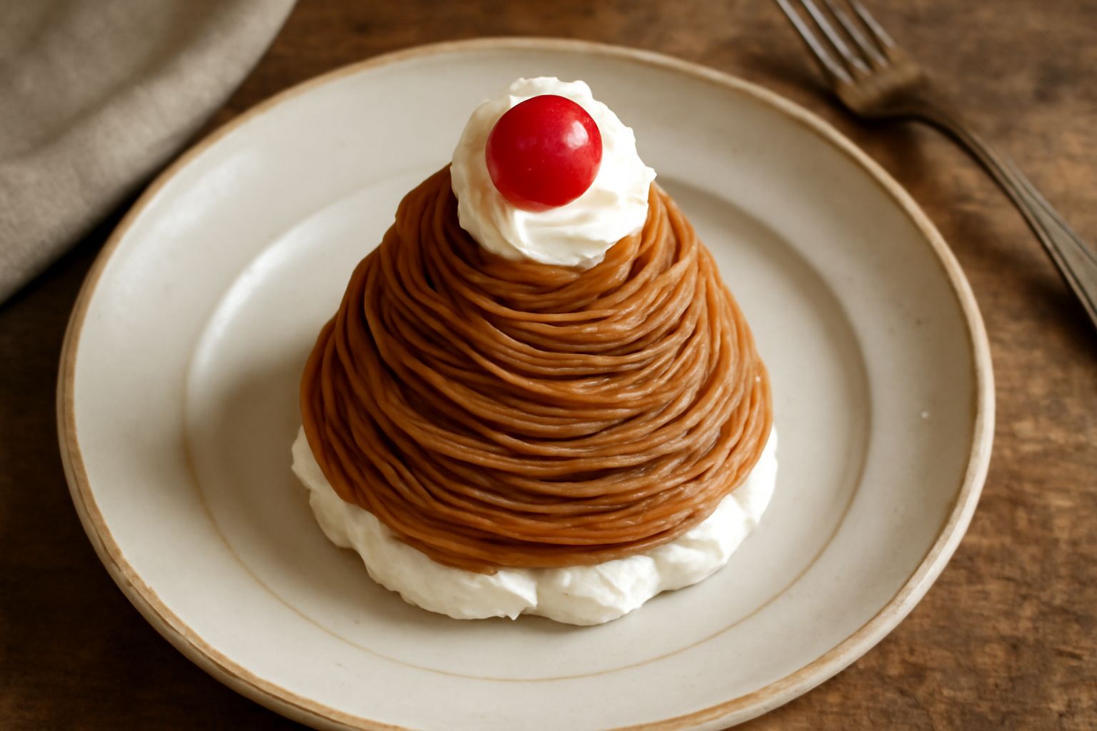 Mont Blanc finito servito in piatto bianco: montagna di fili marrone-oro di crema di castagne, ciliegia rossa in vetta, meringa bianca alla base, guarnizione di pistacchio tritato