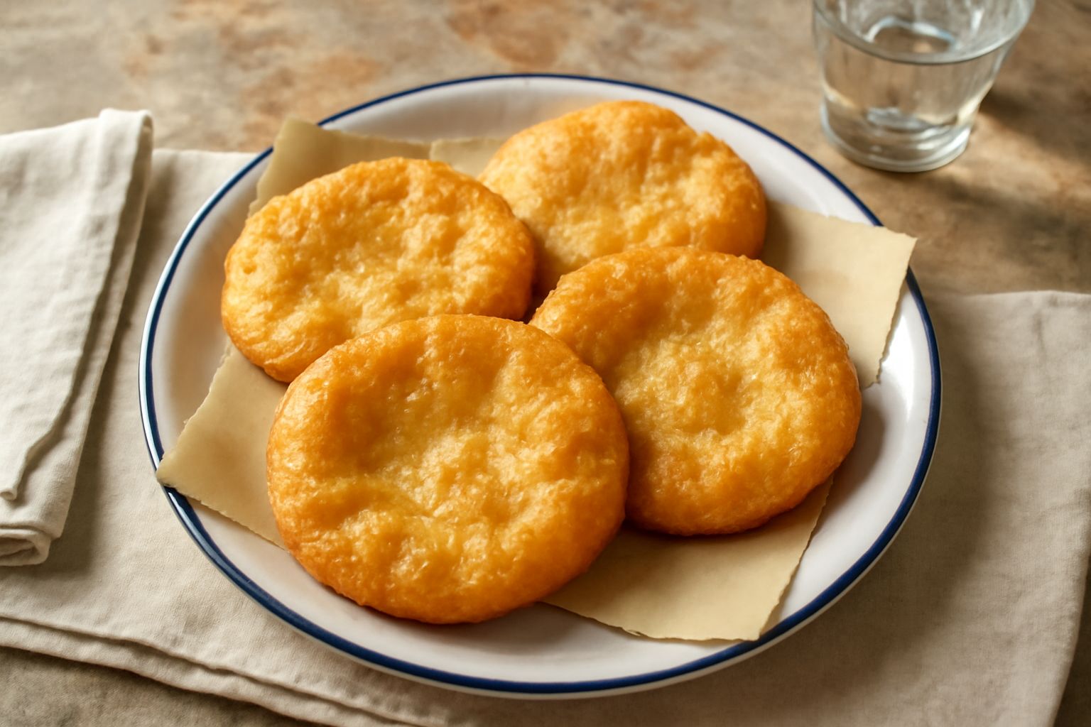 Montanare dorate e croccanti appoggiate su carta assorbente bianca, con cristalli di sale marino grosso visibili sulla superficie, vapore ancora evidente