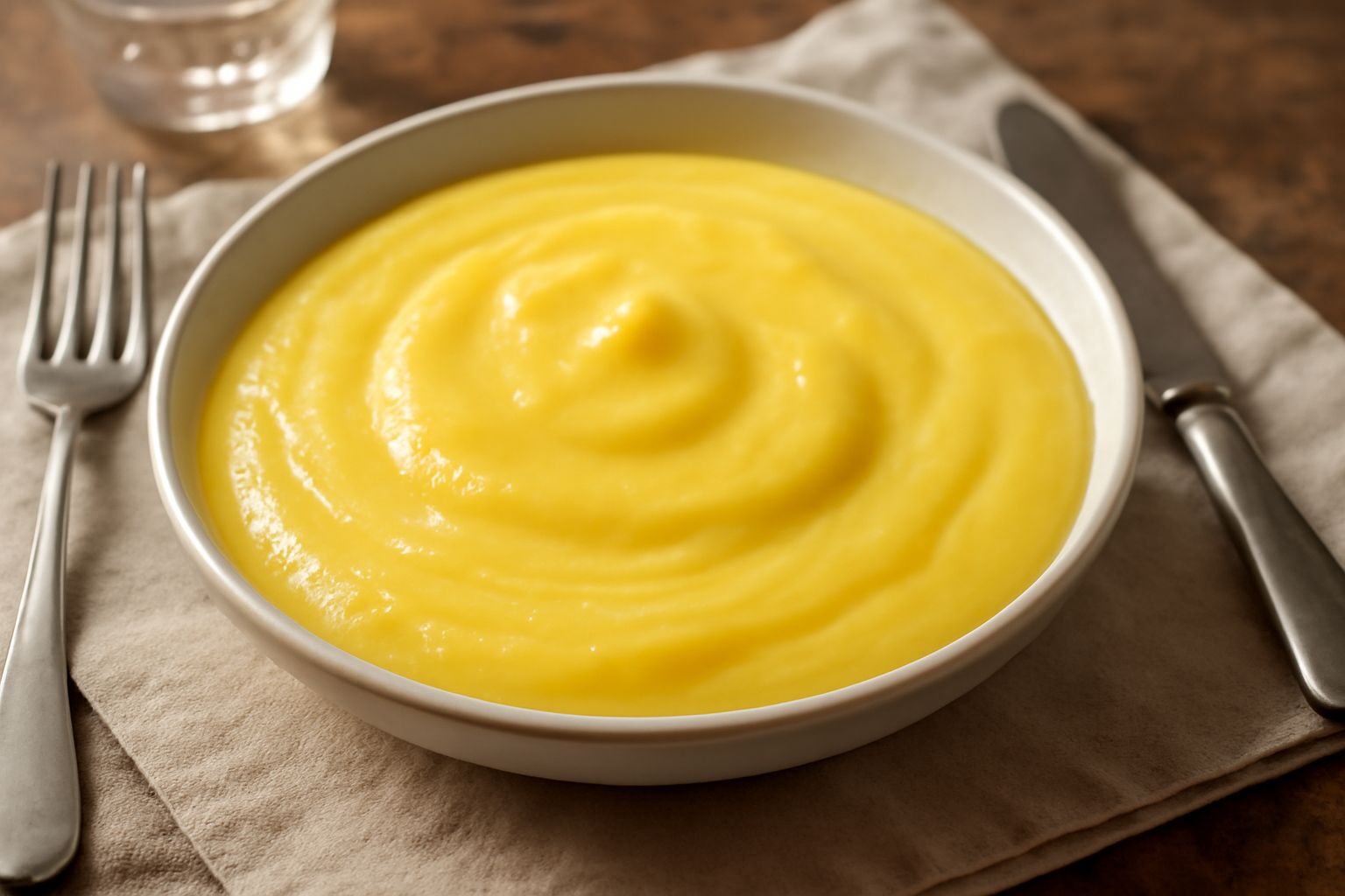 Montasio fuso cremoso e dorato in una ciotola di ceramica bianca, con una lama di burro a lato e sfondo di cucina in legno caldo