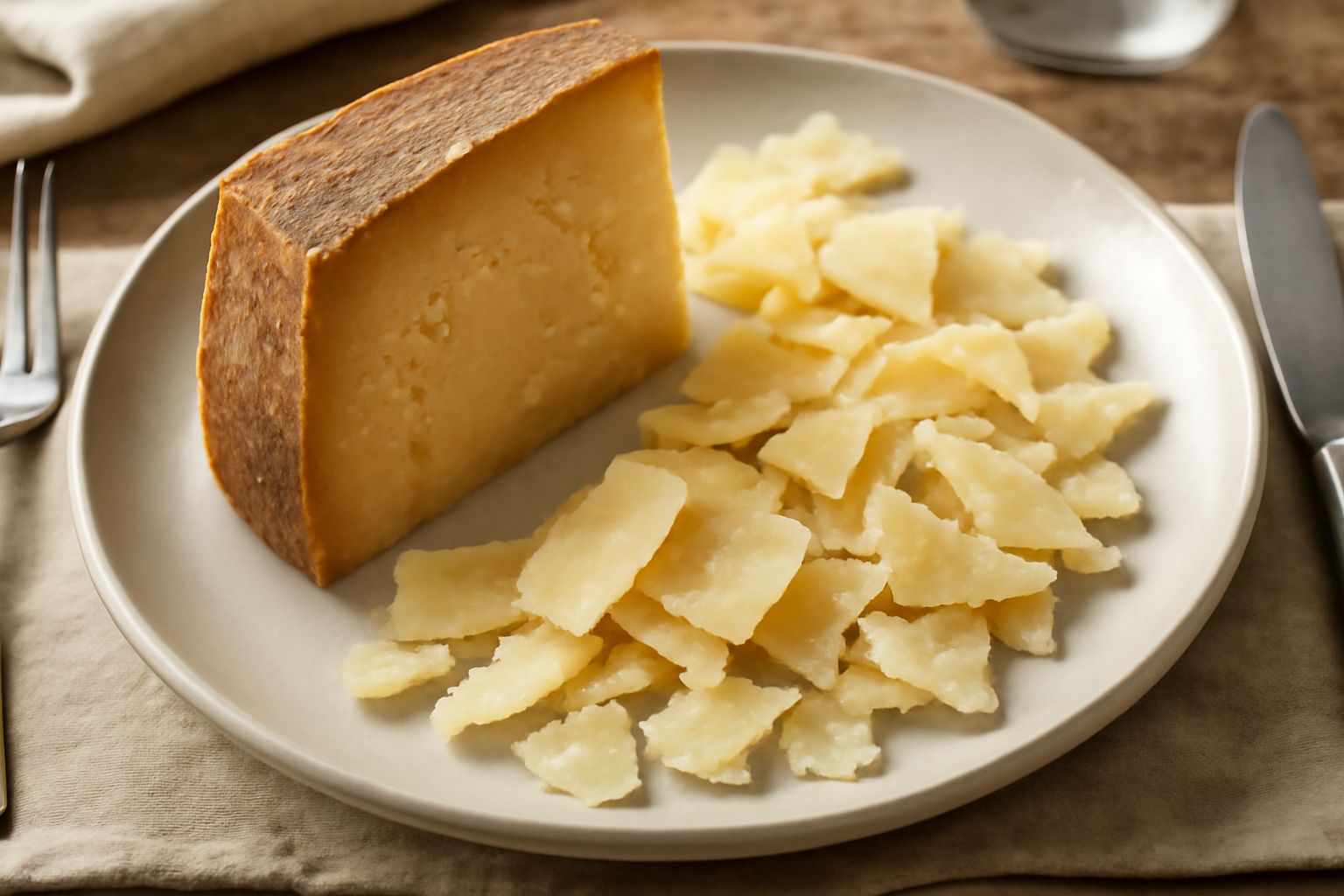 Pezzo di Montasio stagionato con crosta naturale marrone, affettato in scaglie sottili, presentato su una tavola di legno chiaro con accanto una grattugia e mandorle sgusciate