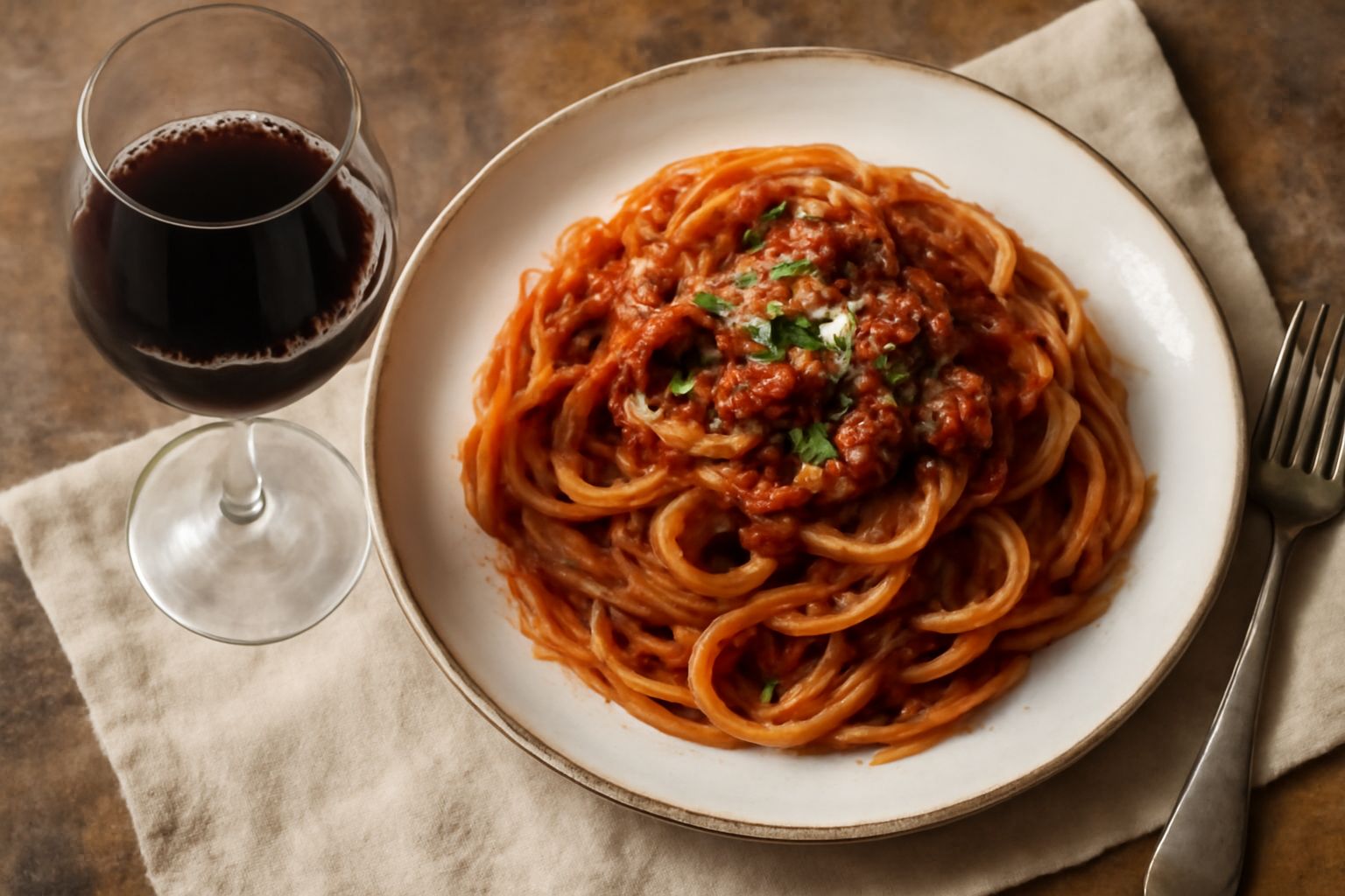 Calice di Montepulciano d'Abruzzo di colore rosso rubino brillante, in sottofondo bottiglie di vino su ripiani di legno scuro e bicchieri trasparenti