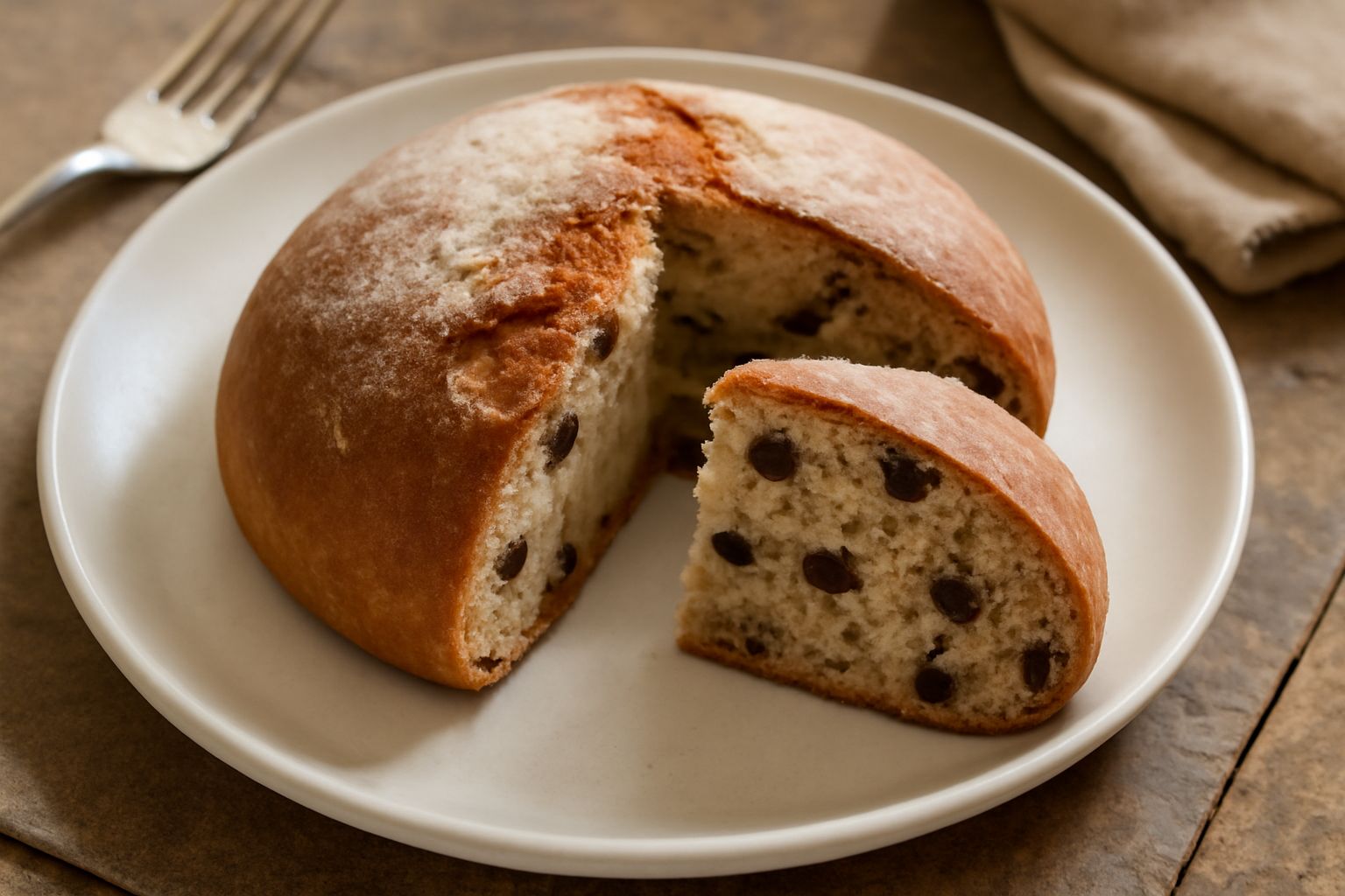 Pane dolce montepulciano pesarese dalla forma tonda, crosta color nocciola con spolvero di farina, tagliato a metà che mostra alveoli uniformi e uvetta distribuita, su tagliere di legno con anice stel