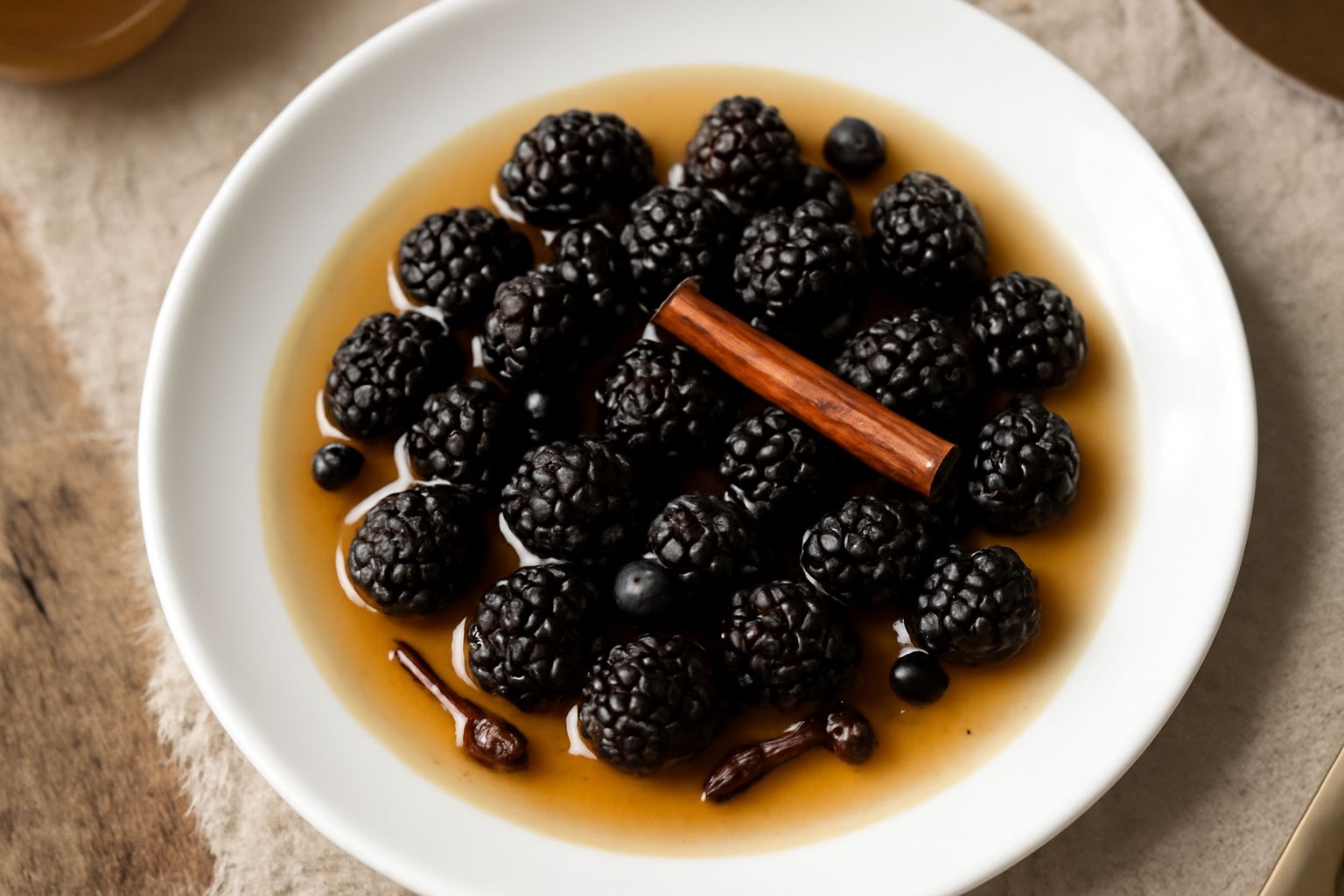 Barattolo di vetro trasparente con more scure immerse in liquido trasparente ambrato, guarnito da spezie e un cucchiaio di legno accanto su fondo bianco