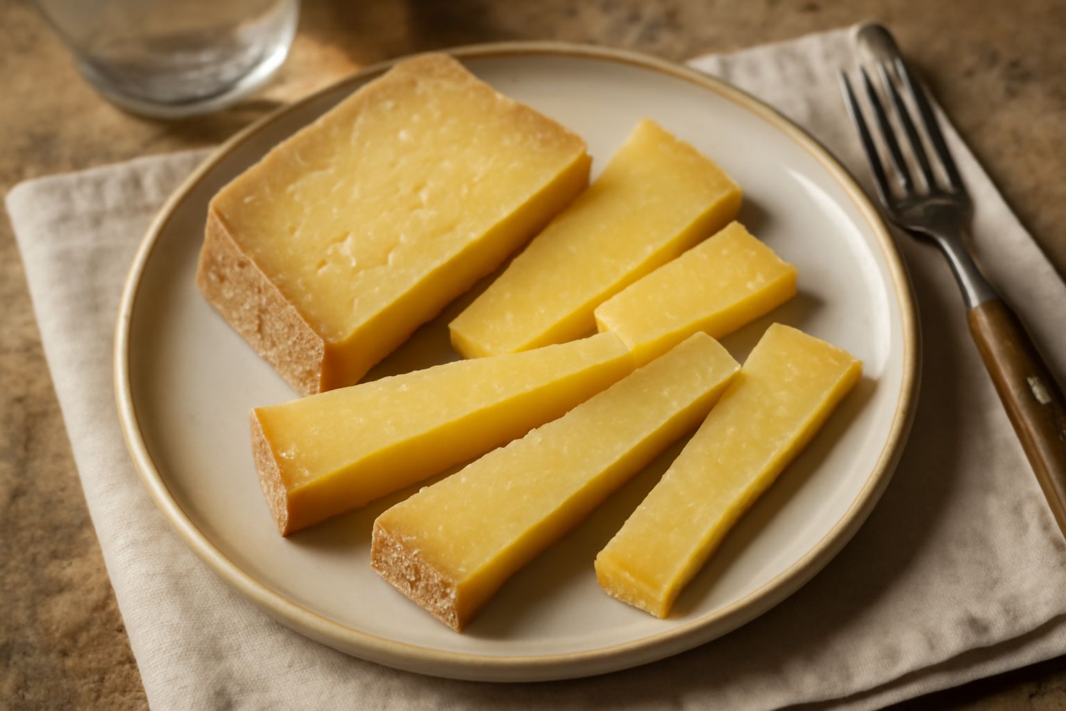 Morlacco di Asiago stagionato a fette su un tagliere di legno: pasta dura giallo-ocra, venatura naturale, granuli minerali visibili sulla superficie, accanto un coltello da formaggio in acciaio
