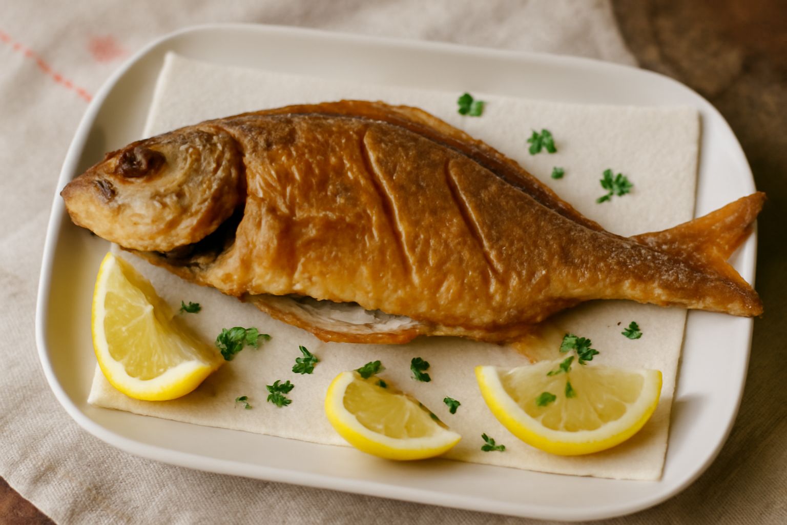 Quattro mormore fritte dorate e croccanti su un piatto bianco, guarnite con limone tagliato a spicchi e prezzemolo fresco, accanto un bicchiere d'acqua con limone