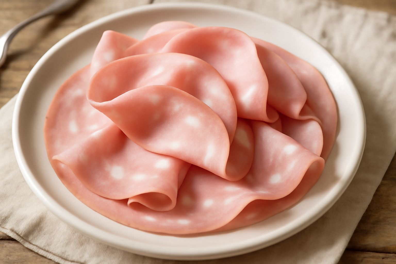 Fette di mortadella rosa chiaro adagiate in cerchi sovrapposti su un piatto bianco, con i piccoli pezzi di lardo bianco visibili sulla superficie, accompagnate da pane casereccio tostato ai bordi