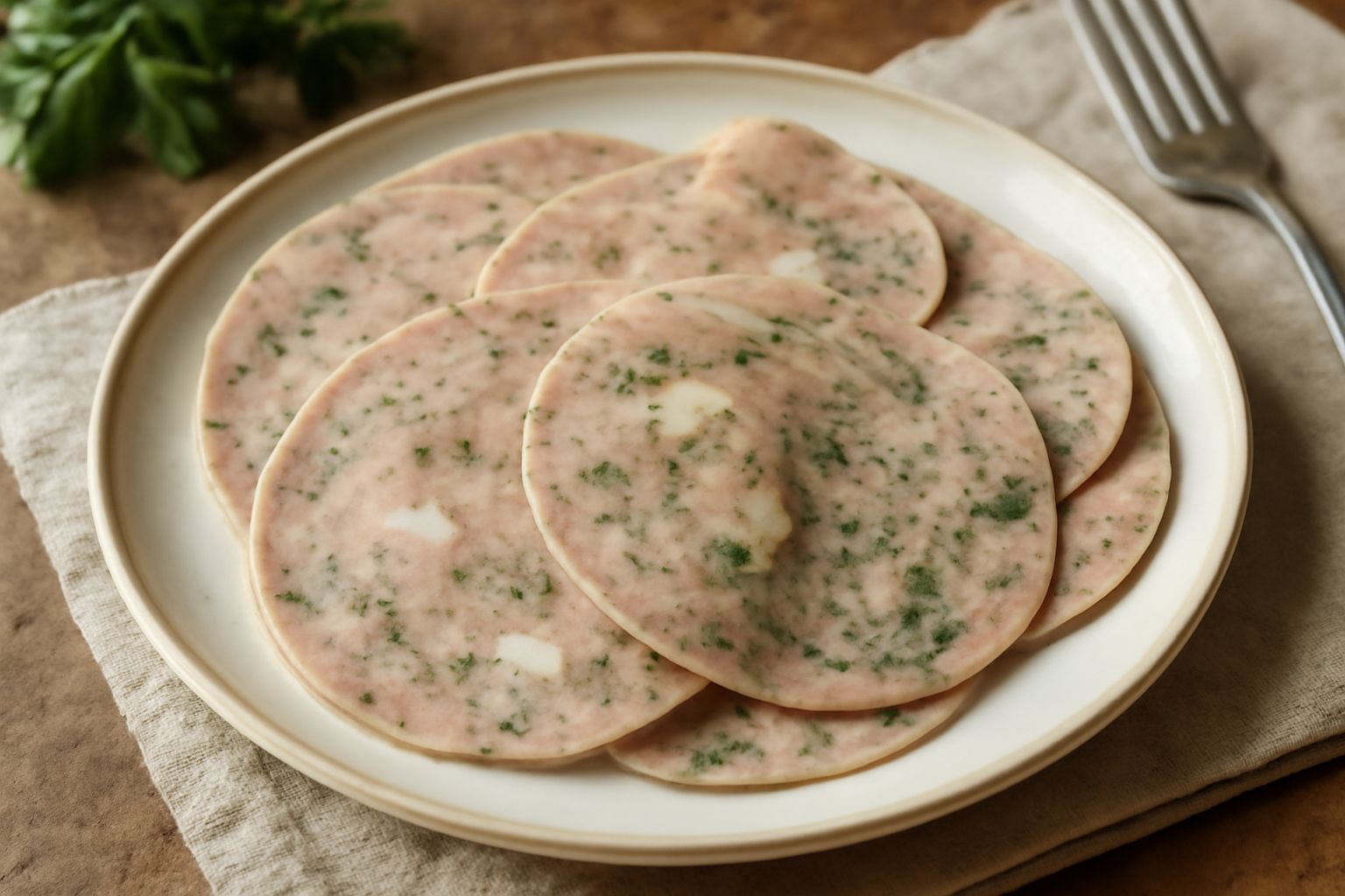 Mortadella dell'Erbamatt affettata su piatto bianco, mostrando il colore rosa della carne punteggiata di piccoli granuli di lardo e le venature verdastre delle erbe aromatiche integrate