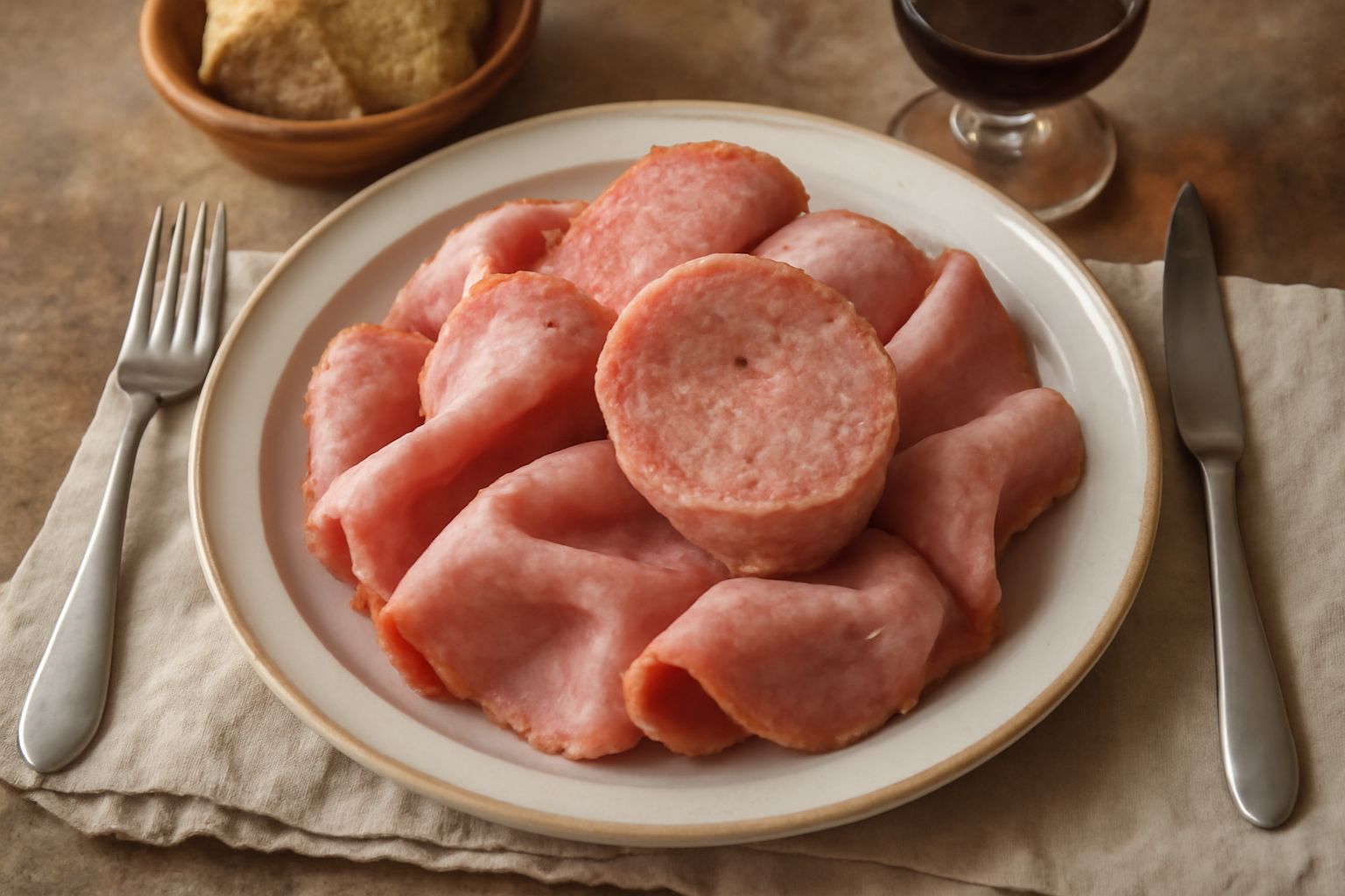 Fette di mortadella di Amatrice tagliate finemente, rosate con venature di grasso bianco, su un tagliere di legno con un coltello affilato