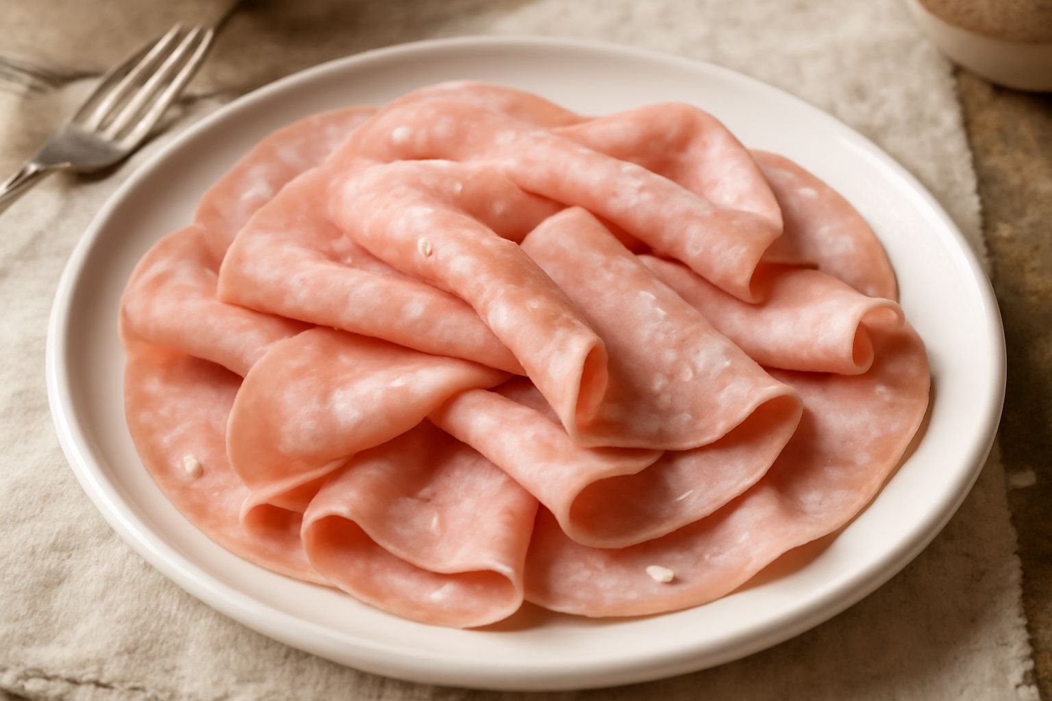Fette di mortadella di Bologna rosa pallido con grani di pepe nero e grasso bianco disposti su un piatto bianco, accompagnate da pane tostato e una piccola ciotola di mostarda