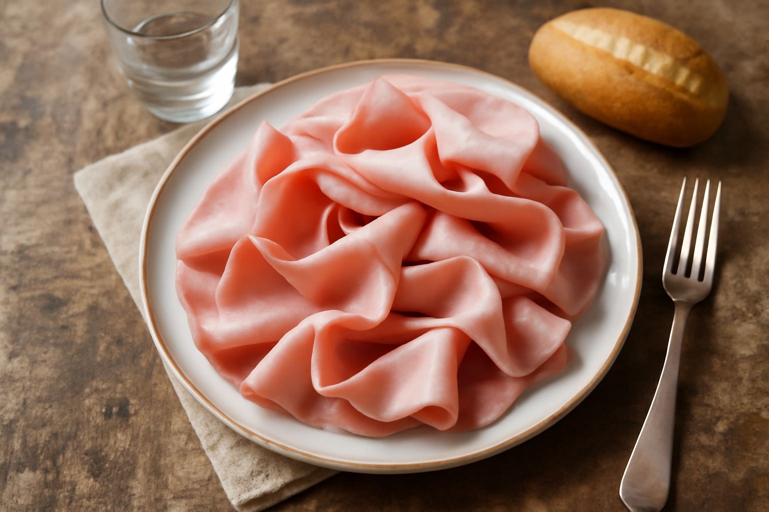 Mortadella di Bologna affettata sottile su un tagliere di legno, con il caratteristico colore rosa acceso e i grani di pepe visibili, accompagnata da pane toscano croccante