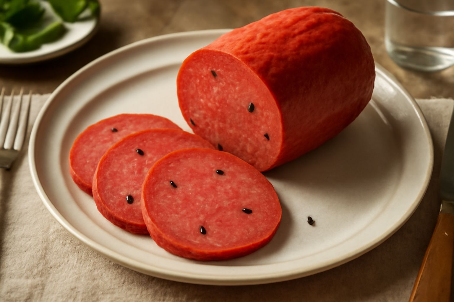 Fette di mortadella di Campobasso tagliate finemente, di colore rosso scuro intenso, su un tagliere di legno con grani di pepe nero visibili sulla superficie