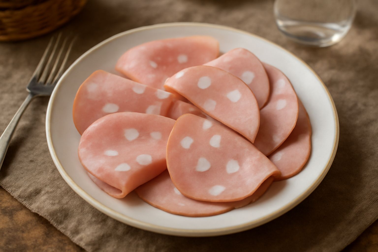 Fette sottili di mortadella di Campotosto rosa pallido con cubetti bianchi di lardo visibili, disposte su un piatto bianco, accanto a pane toscano e un bicchiere di vino rosso
