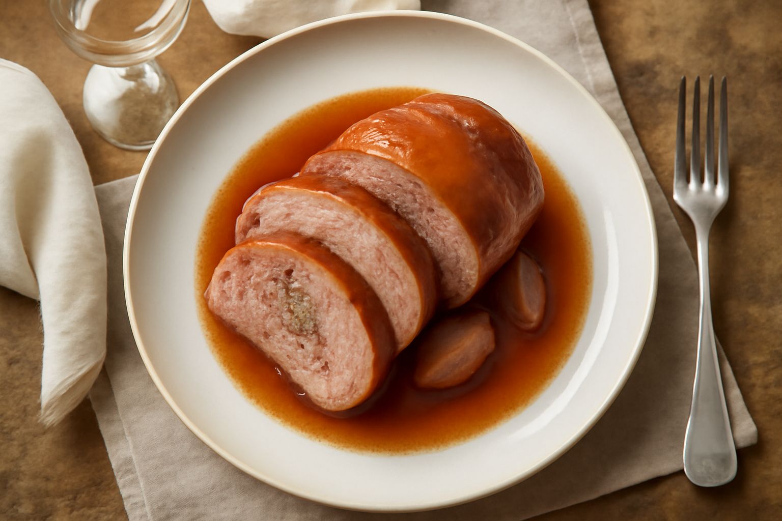 Fette di mortadella di Cremona color rosa chiaro con grani di lardo visibili, disposte a ventaglio su un piatto bianco, accanto a pane fresco tostato e un bicchiere di vino bianco