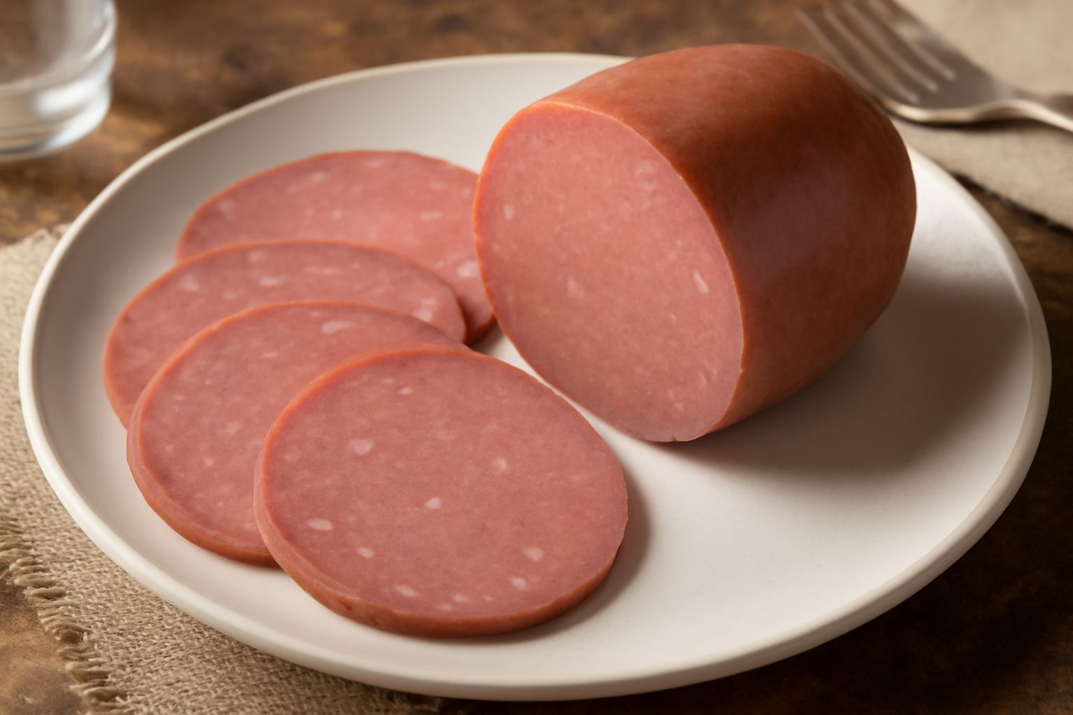 Mortadella di fegato affettata su un piatto bianco, sezione circolare di colore rosa scuro uniforme con piccoli punti di lardo bianco sparsi, accanto pane tostato e un coltello da burro