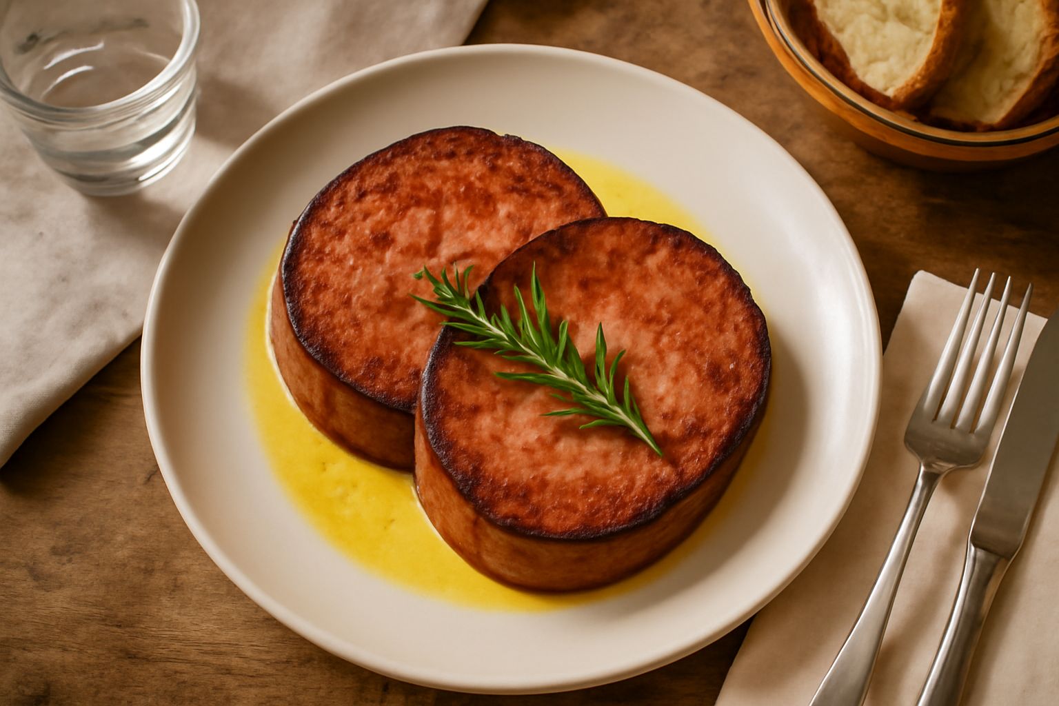 Mortadella di Ferrara affettata sottile su un piatto bianco, con riflessi lucidi del grasso, accompagnata da pane tostato e un bicchiere di vino rosso