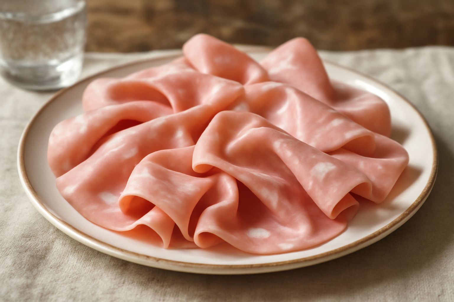 Fette sottili di mortadella di Forlì rosa con lardelli bianchi visibili, disposte leggermente sovrapposte su un piatto bianco, con carta di burro bianca e un coltello da affettamento accanto