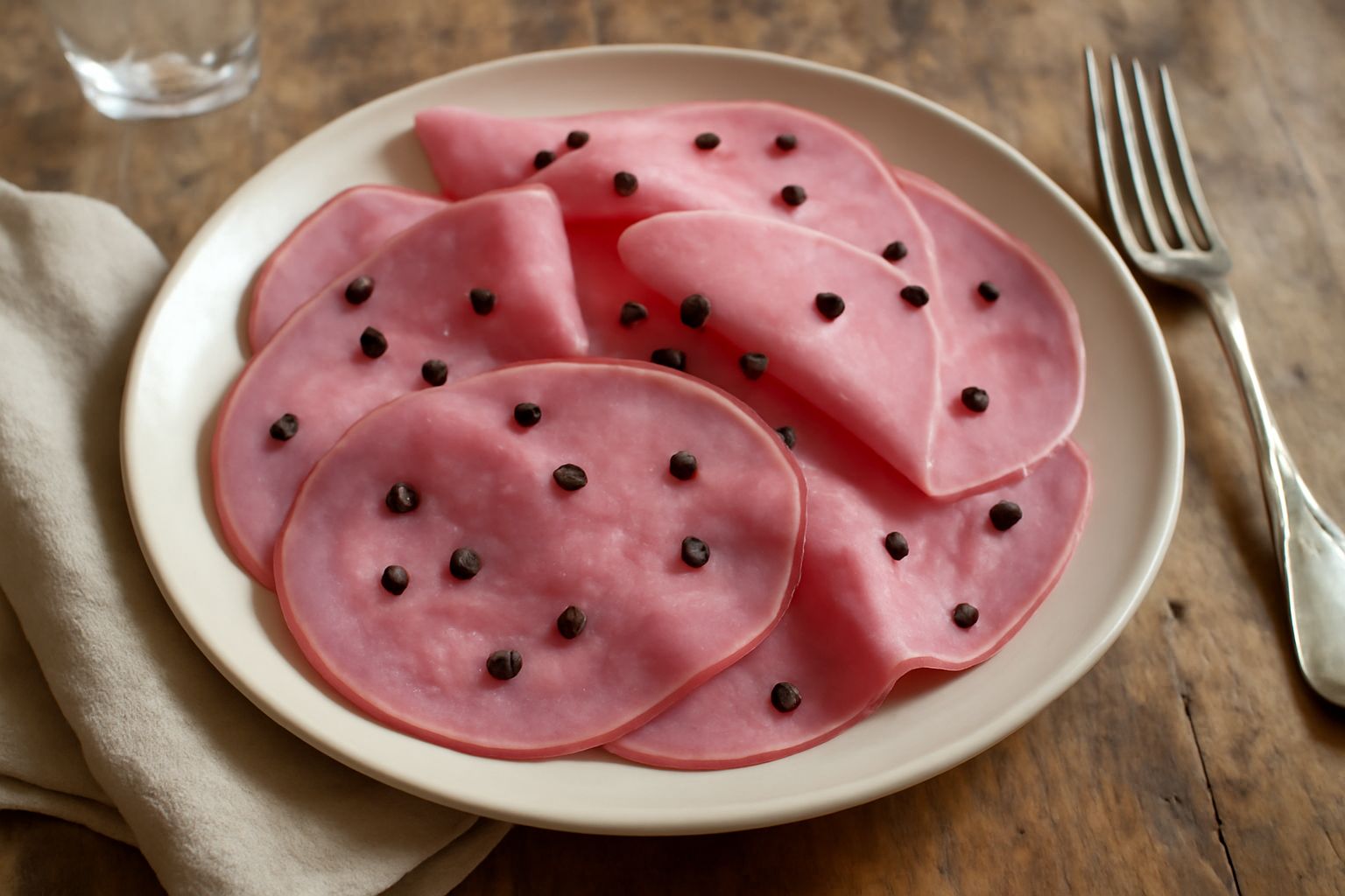 Fette di mortadella di Imperia su tavolo di legno, colore rosato uniforme con granuli di pepe nero visibili, leggermente arrotolate, con un coltello affilato a lato