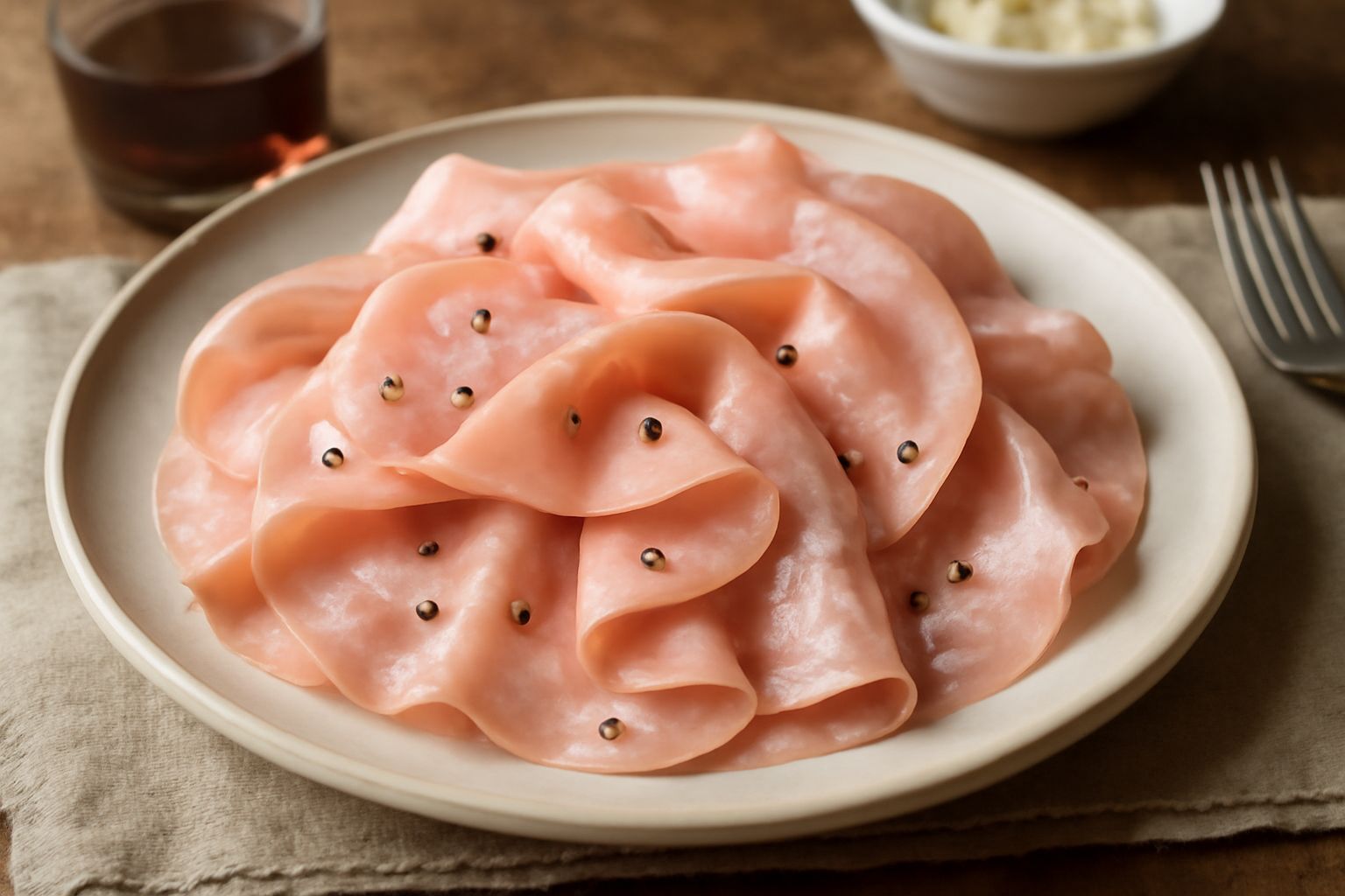 Fette sottili di mortadella di Livenza color rosa pallido con grani di pepe bianchi e neri visibili, disposte a ventaglio su un piatto bianco con pane tostato ai margini