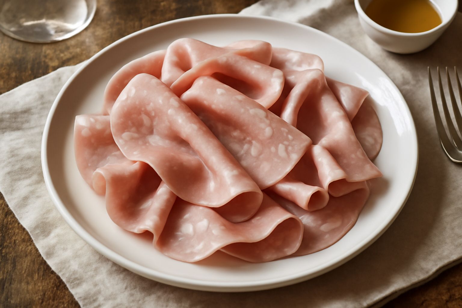 Mortadella di Lombardia affettata finemente su un tagliere di legno, mostra la pasta di carne rosata con granuli di lardo bianco distribuiti uniformemente, accompagnata da pane toscano e nocciole tost