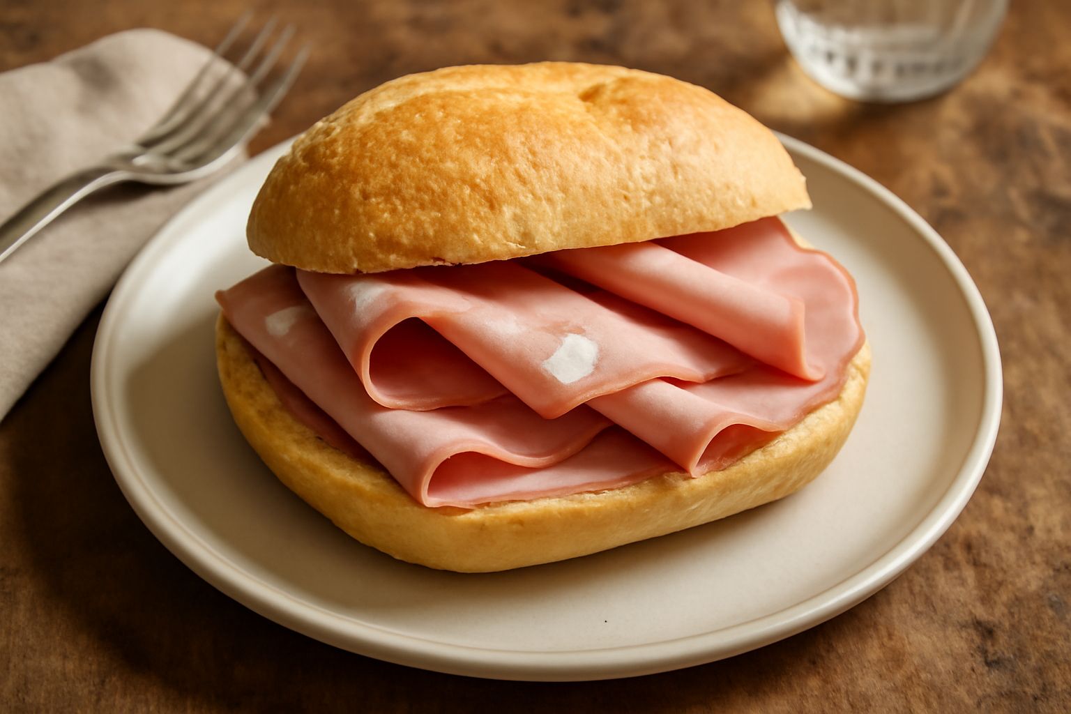 Panino aperto con mortadella di Modena a fette spesse rosa e bianche, pane bianco lievitato soffice, leggermente abbrustolito ai bordi, con gocce di grasso visibili sulle fette, impiattato su carta bi