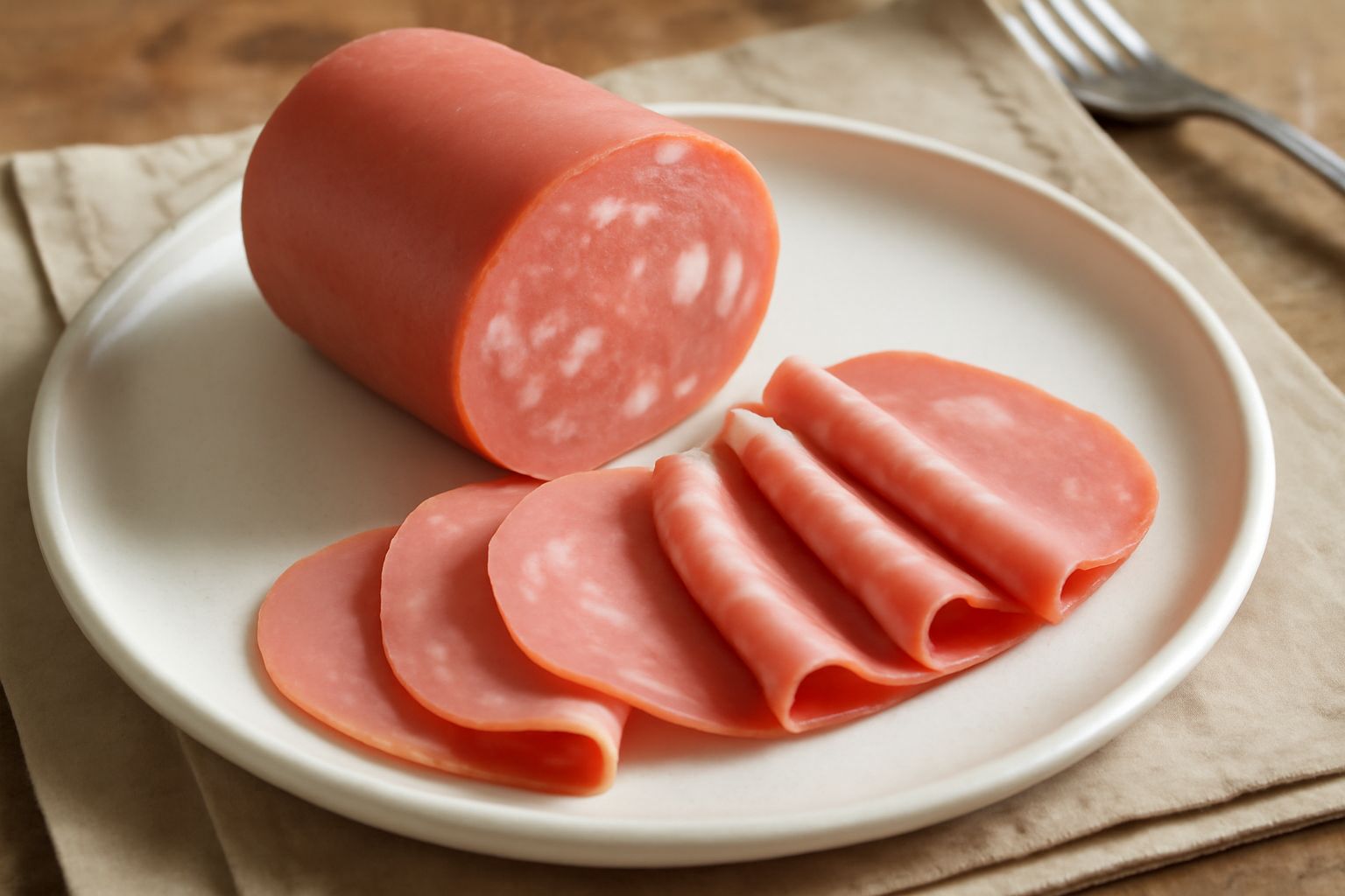 Mortadella di Mortara affettata sottile, rosa corallo con venature bianche di lardo, disposta su un tagliere di legno con contorno di pane tostato