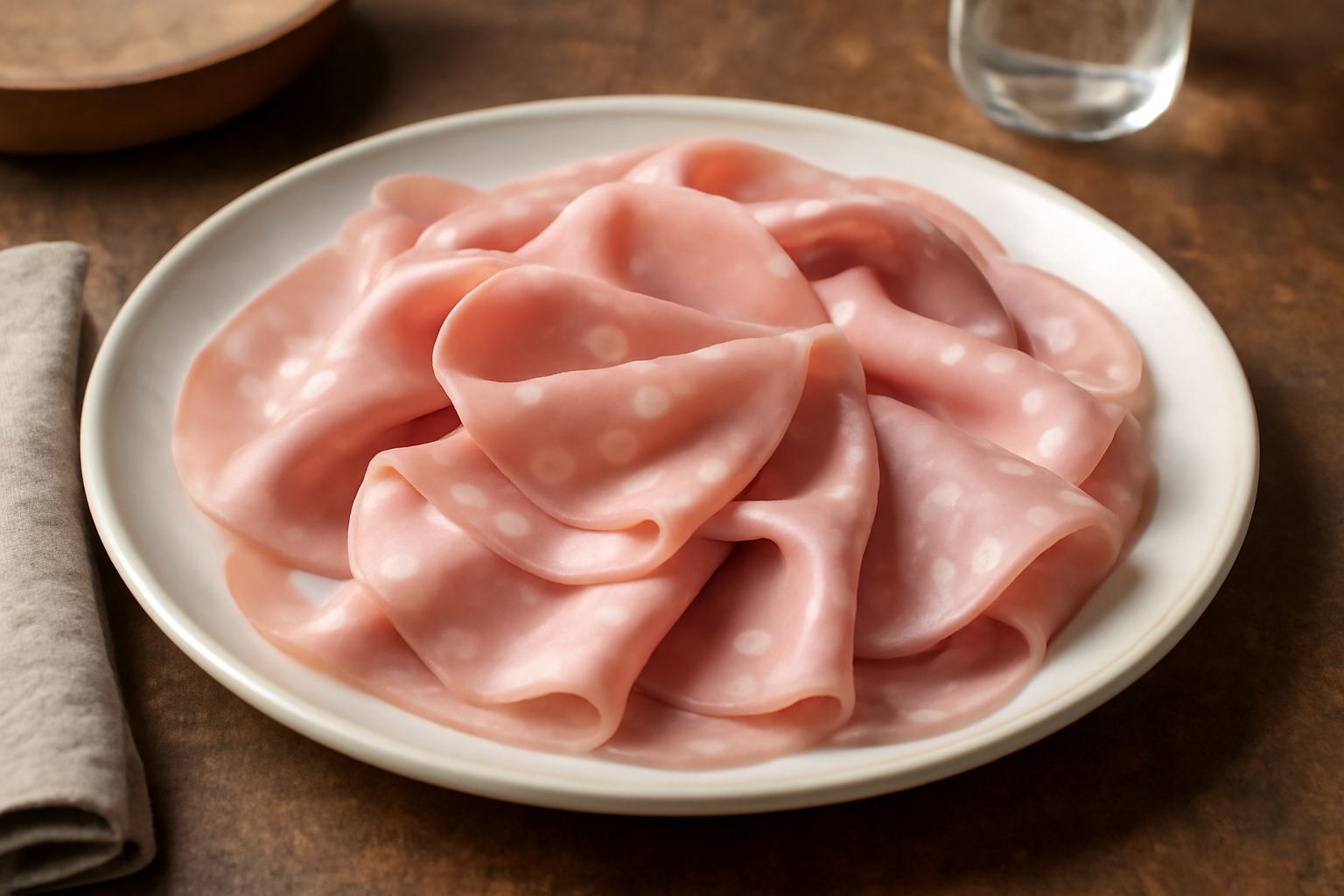 Mortadella di Norcia affettata sottilmente disposta su un piatto bianco, fette trasparenti color rosa pallido con granellini di grasso visibili, accanto a pane tostato