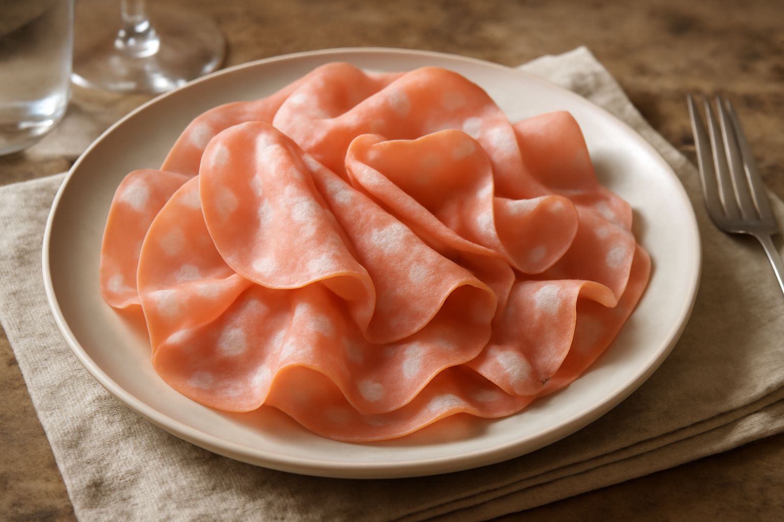 Mortadella di Padova affettata sottile su piatto bianco, fette traslucide color rosa salmone con puntini bianchi di lardo, accanto a bastoni di pane grissini, su tavolo di legno chiaro