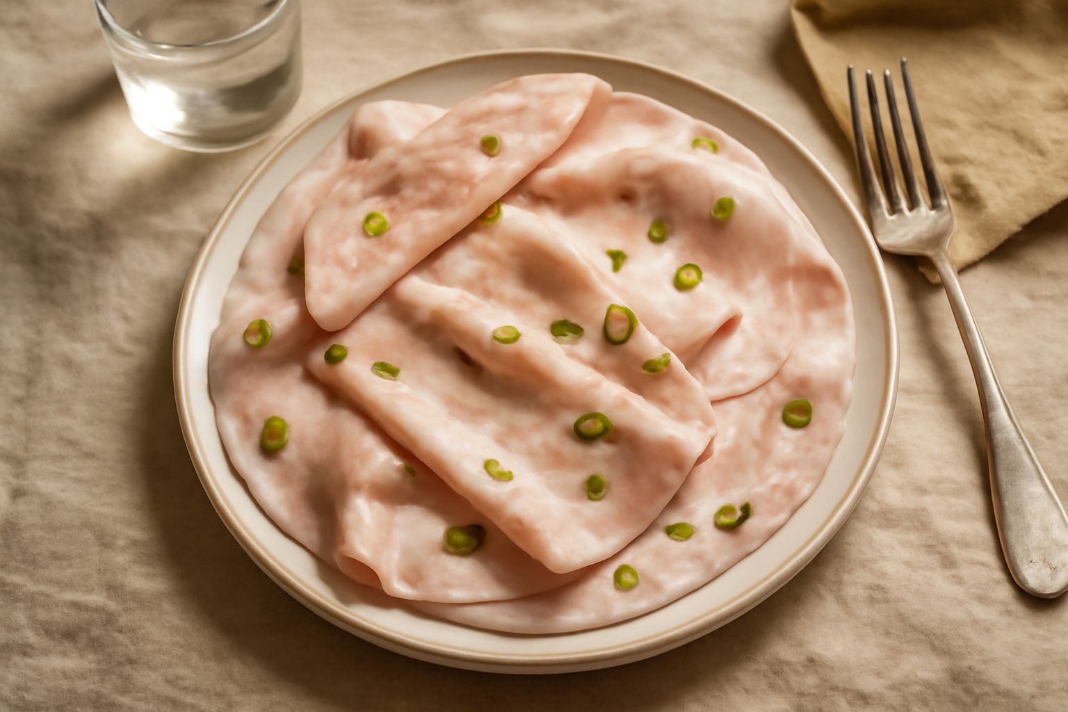 Mortadella di Palermo affettata sottile, rosa e bianca marezzata di grasso, con venature di pistacchio verde, disposta su piatto bianco con buccia di limone fresco