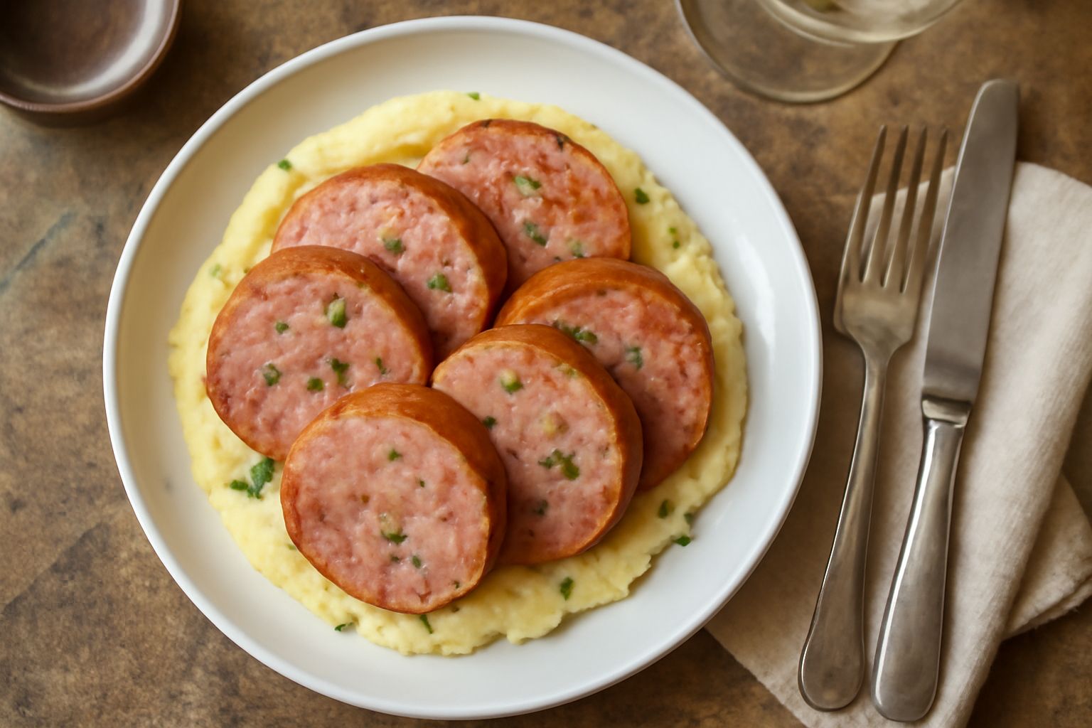 Fette di mortadella di Piacenza color rosato disposto su un piatto bianco, con il lardo visibile a occhio nudo, accanto a pane toscano scuro e lievemente briciole di pepe nero