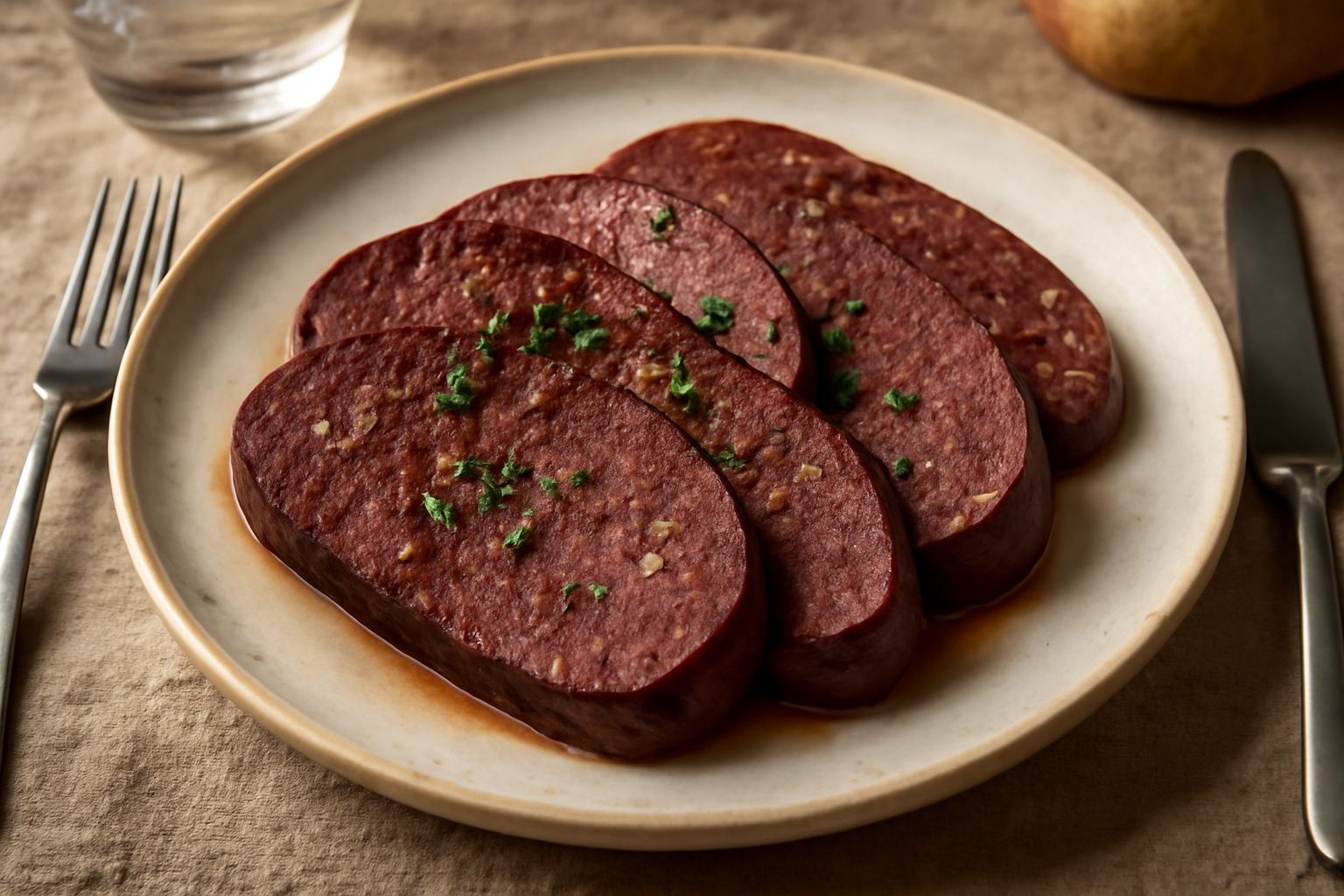 Fette di mortadella di Prato tagliate al coltello, con la caratteristica colorazione rosa scuro e le spezie visibili, su un piatto in ceramica bianca