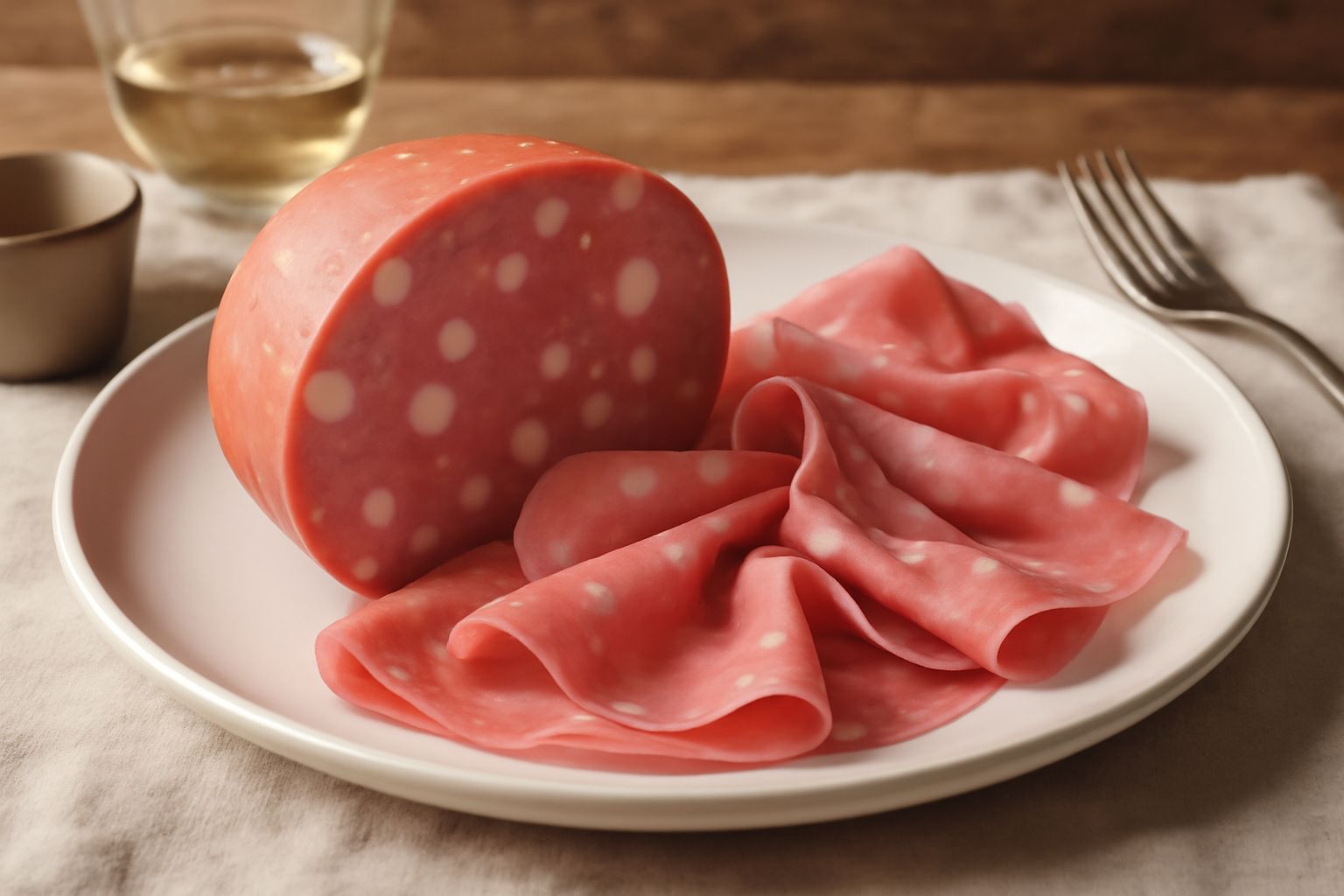 Fette di mortadella di Prato Fiorito su un piatto bianco, dal colore rosa acceso con cubetti bianchi di lardo visibili, accompagnate da pane toscano e qualche foglia di salvia fresca