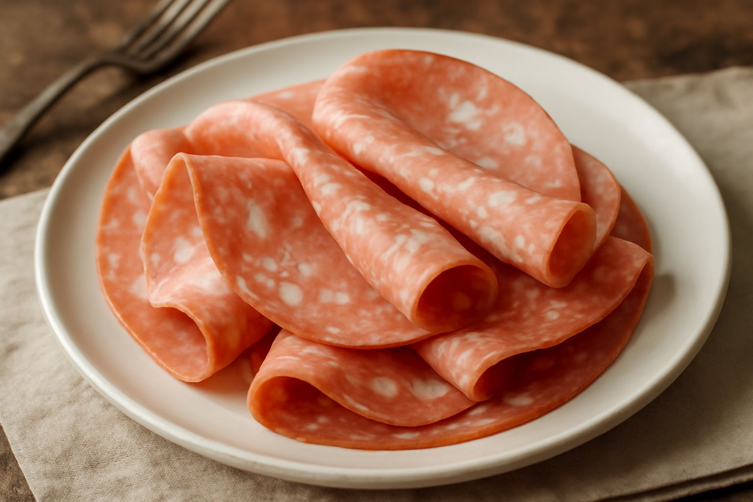 Fette sottili di mortadella di Teramo disposte a ventaglio su un piatto bianco, con il grasso marmorizzato ben visibile, accompagnate da pane tostato e un bicchiere di vino rosso locale