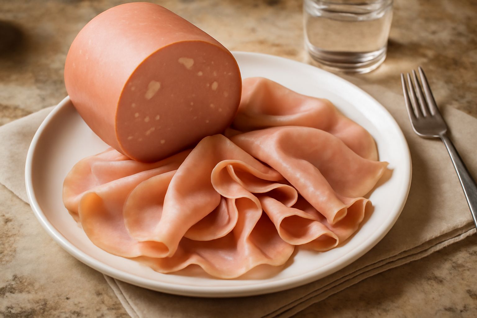 Mortadella di Udine affettata sottile disposta a ventaglio su un piatto bianco, con fette rosate trasparenti e puntini bianchi di lardo, accanto a pane tostato e un bicchiere di vino bianco