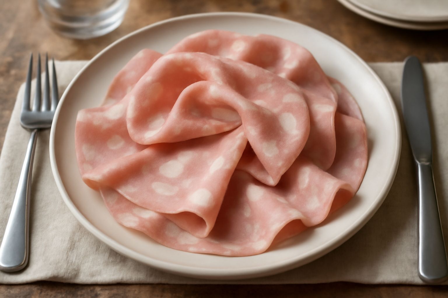 Fette di mortadella di Urbino rosa pallido con venature di grasso bianco, disposte su un piatto bianco, con contorno di pane tostato e peperoncino fresco