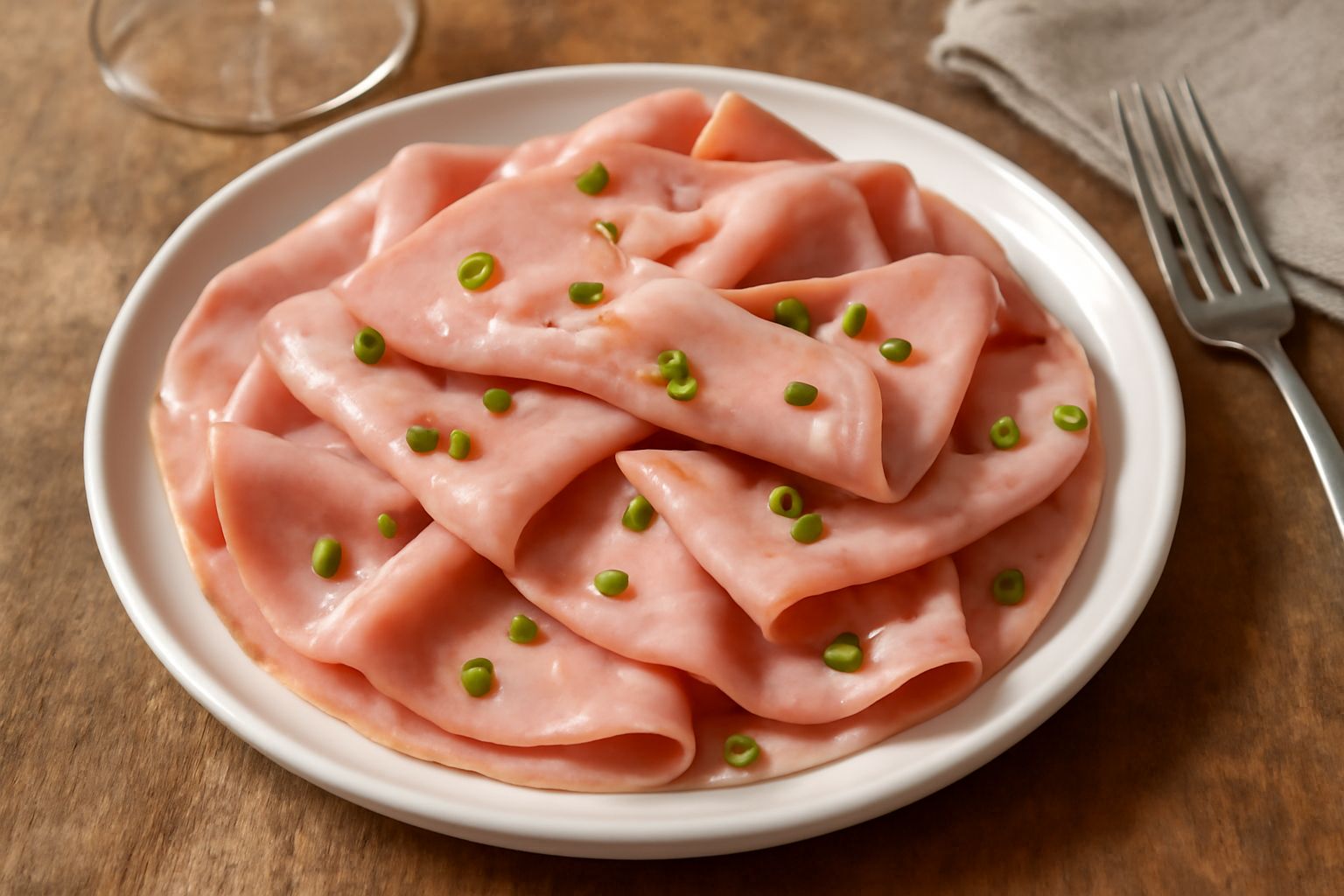 Fette di mortadella rosa pallido con pezzi visibili di pistacchio verde brillante, disposte su un piatto bianco, accompagnate da pane tostato e foglie di prezzemolo