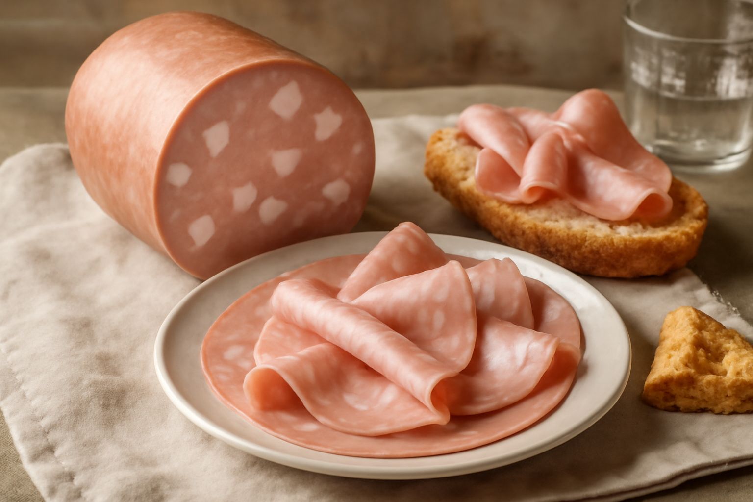 Mortadella friulana affettata su un tagliere di legno, fette sottili che mostrano il colore rosato della carne e i dadini bianchi di lardo ben distribuiti, accompagnata da pane tostato
