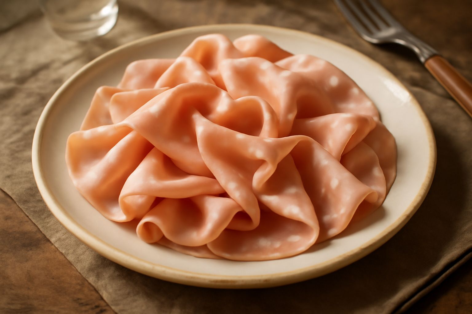 Mortadella affettata finemente disposta su un piatto bianco con bordo azzurro, con grani di pepe nero visibili e sfondo neutro
