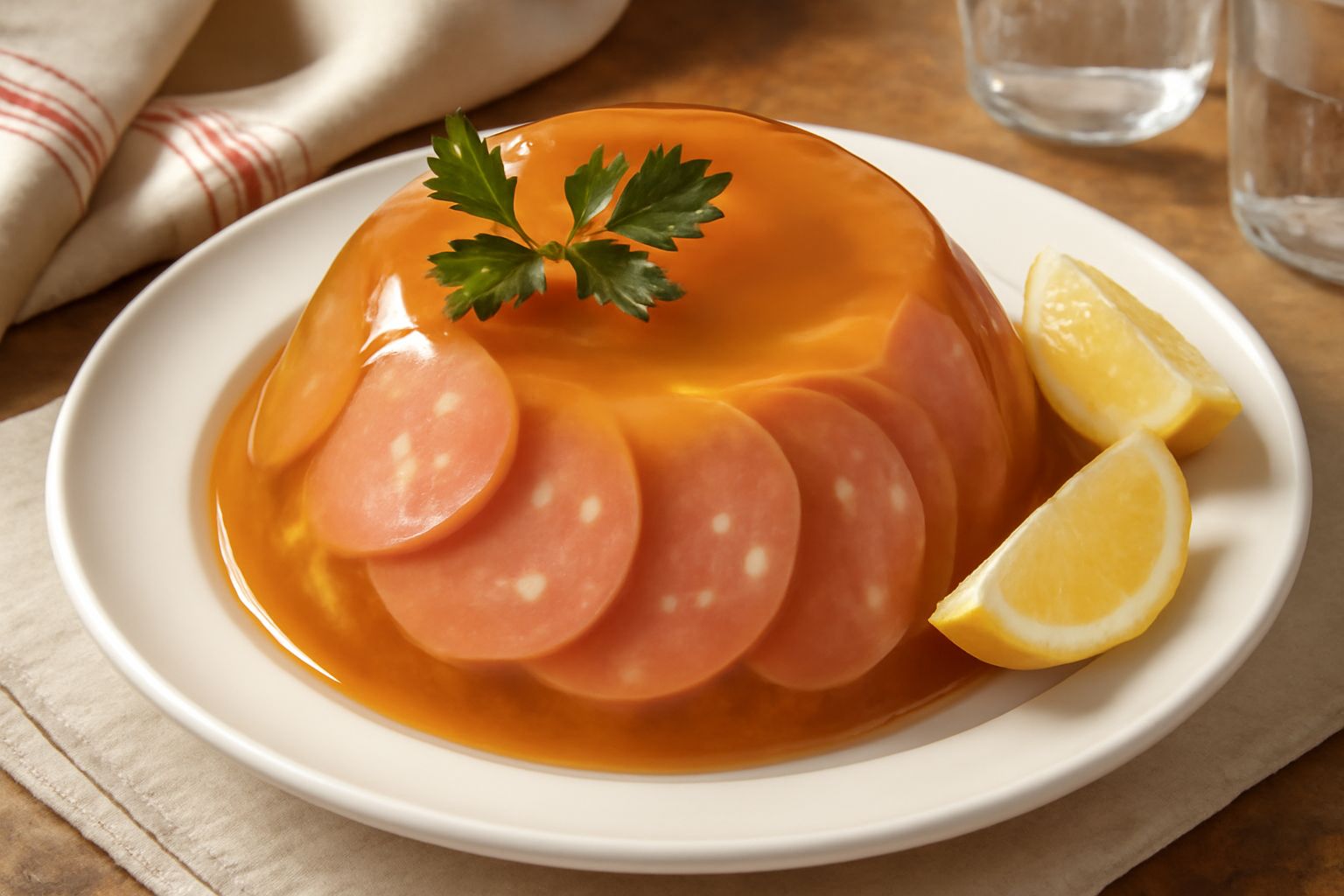 Mortadella in gelatina trasparente su un piatto bianco, affettate visibili dentro la gelatina lucida, guarnita con prezzemolo fresco e limone, con contorno di pane tostato