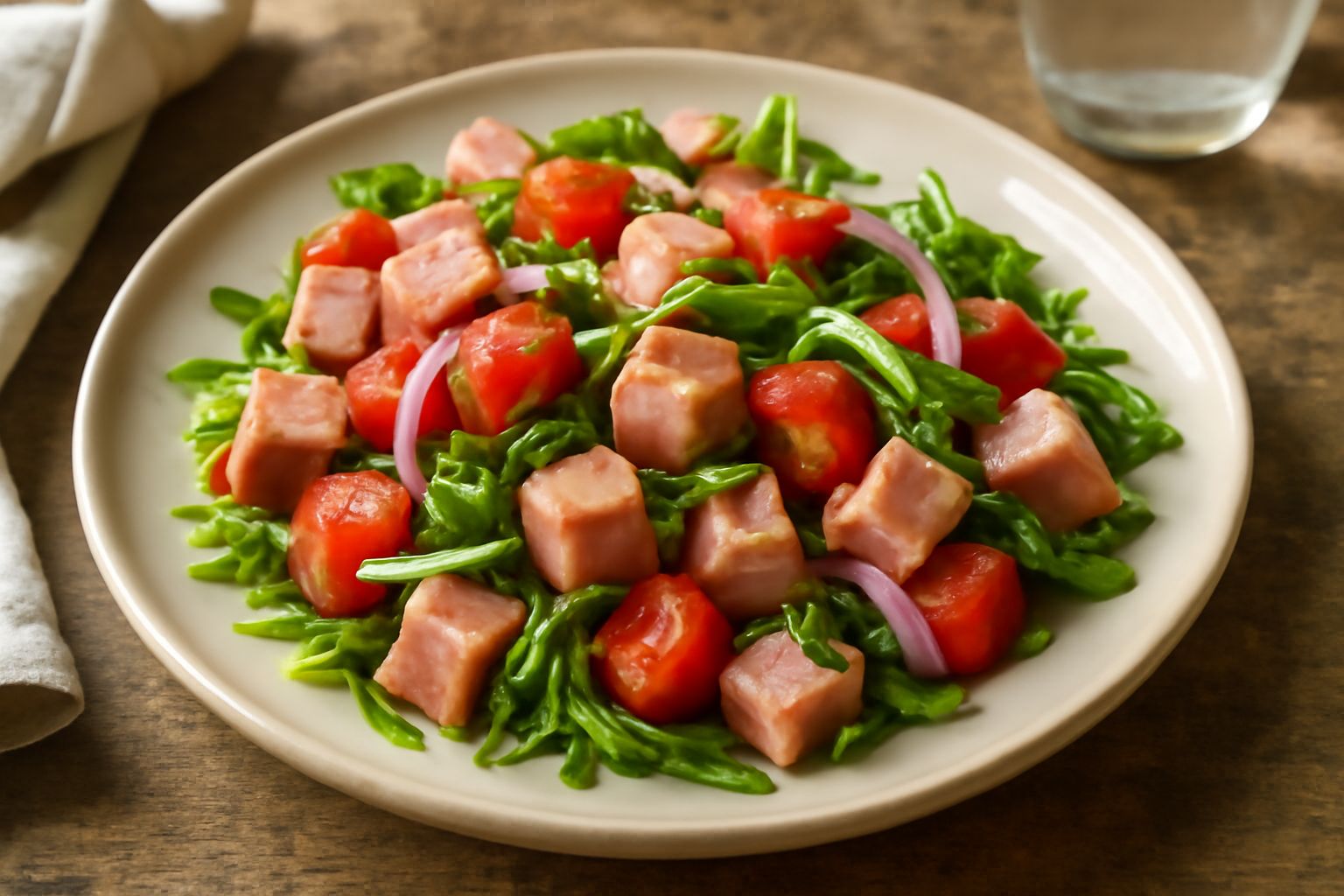 Insalata in piatto bianco con cubetti di mortadella rosa, pomodori rossi tagliati, cetrioli verdi, rucola fresca e cipolla bianca, condita con olio d'oliva lucido