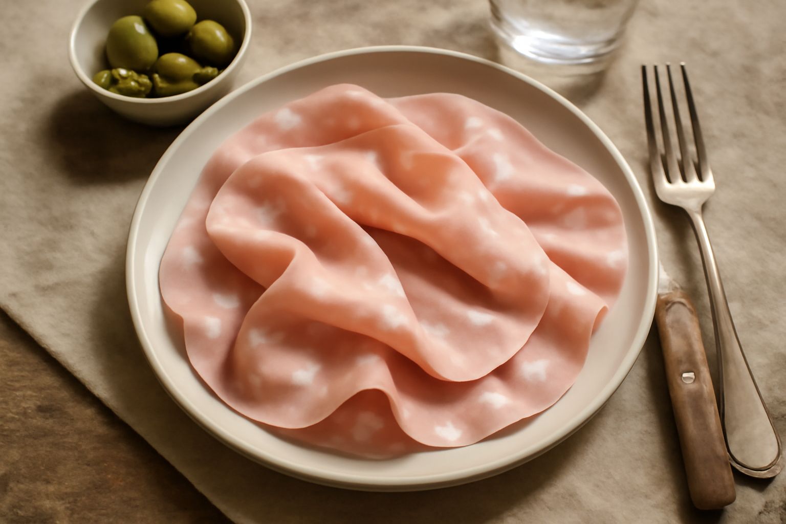 Mortadella mantovana affettata in fette sottili su un tagliere di legno, con colore rosa chiaro morbido, cubetti di lardo visibili, contornata da pane tostato e erbe aromatiche fresche