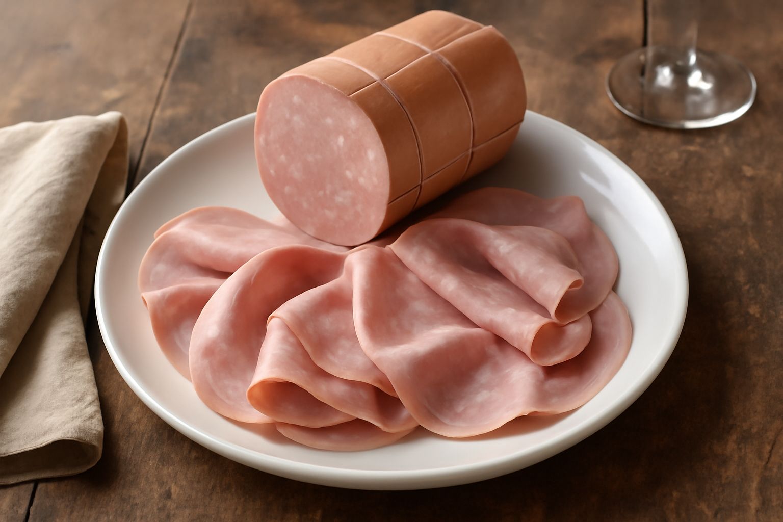 Mortadella marchigiana affettata su un tagliere di legno, fette sottili di colore rosa pallido con granuli di grasso bianco ben visibili, accompagnata da pane toscano e un coltello da affettare
