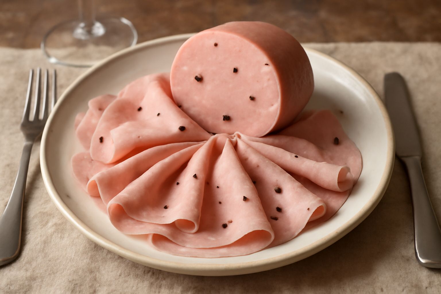 Fette di mortadella napoletana rosa pallido con grani di pepe nero visibili su un piatto bianco, servite a temperatura ambiente con pane tostato sullo sfondo
