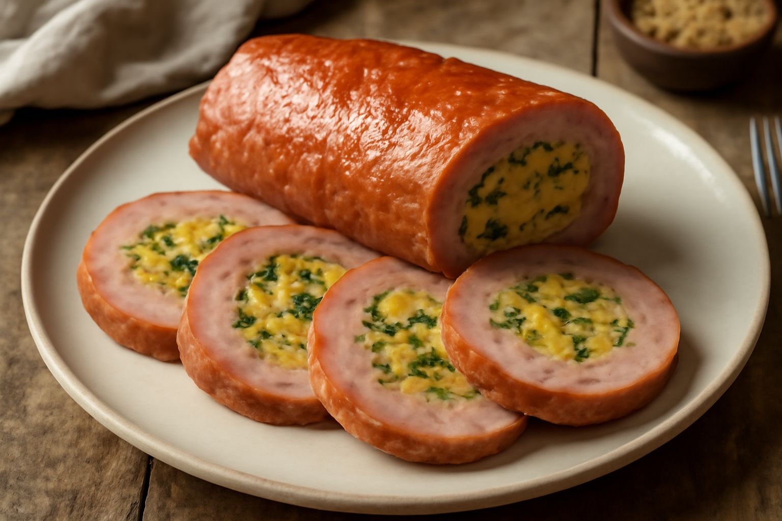 Mortadella ripiena al forno tagliata a fette su un piatto bianco, con ripieno di verdure verdi e gialle visibile in sezione, guarnita con prezzemolo fresco