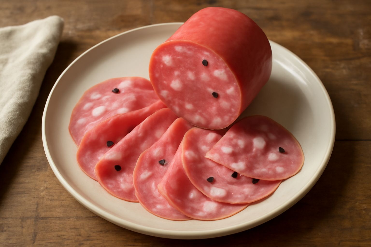 Mortadella teramana affettata su un piatto bianco, fette rosate con puntini di grasso bianco e pepe nero visibile, accompagnata da pane casereccio